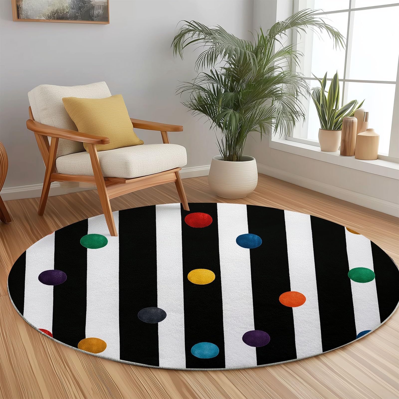Waschbare Runde Teppiche 100 cm, Schwarz Weiß Farbe Streifen Punkte Rutschfester Runder Teppich für Wohnzimmer Esszimmer - Minimalistischer Stil Weicher Niedrigfloriger Teppich für unter den Esstisch