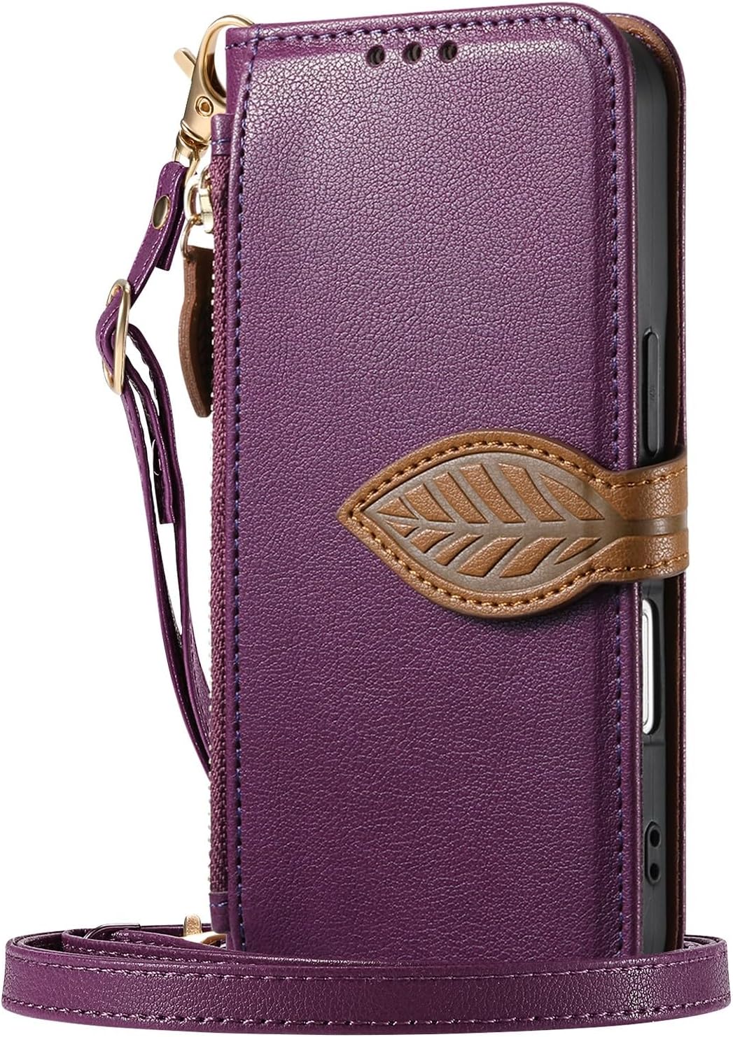 case Compatible with for iPhone 15 Pro (Color: Purple) – leaf magnetic Leather Flip Zipper Wallet back Case Strap