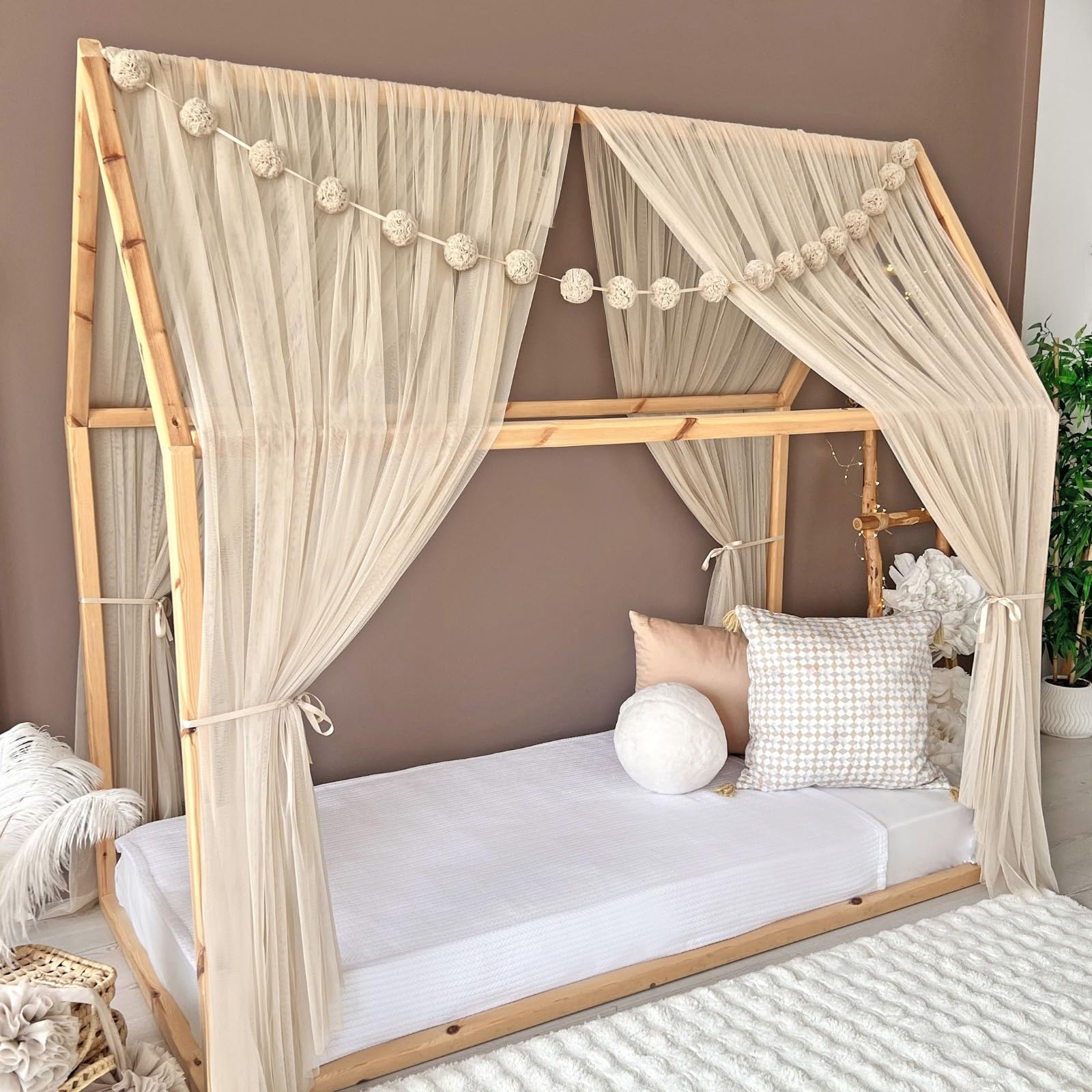 Toldo de cama estilo princesa para niñas, decoración de habitación de niños para camas Montessori, regalo de tul suave para niños pequeños (beige, 440 cm, juego 1)