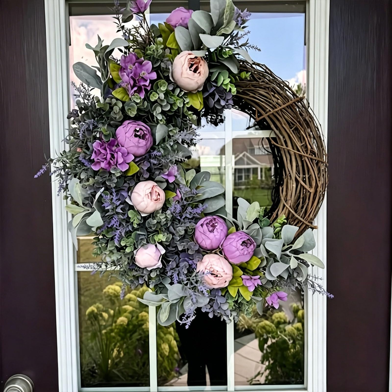 Künstlicher Türkranz mit lila Pfingstrosen, Hortensien und Lavendel, 40/45/50cm Haustürkranz Stil Frühlings Sommer Kranz für Haustür Wand Bauernhaus Innen Außen (50 cm)