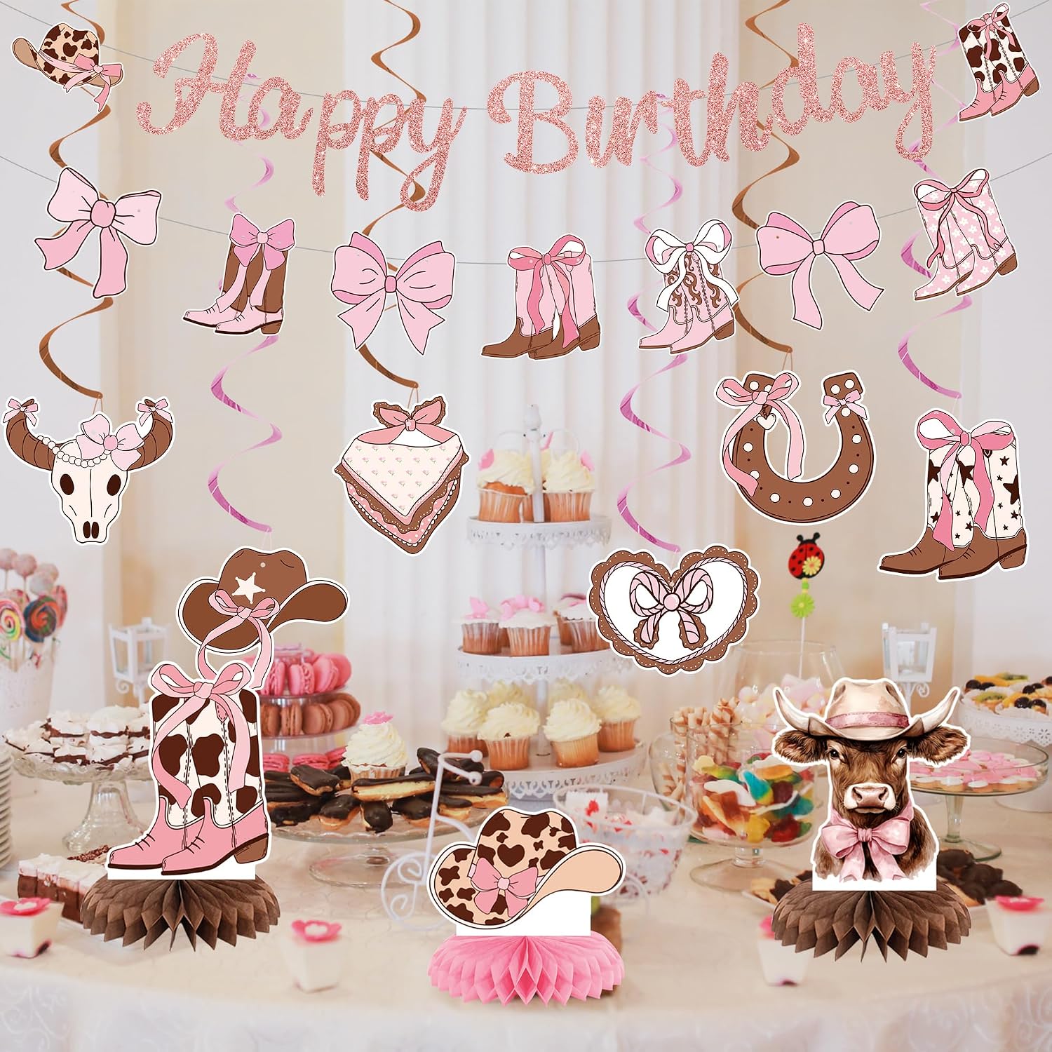 Roetyce Cowgirl Birthday Party Decorations, Pink Glitter Happy Birthday Banner Hanging Swirls Centerpieces for Girls Women, Boots and Bows Party Supplies, Western Cowgirls First Rodeo Photo Backdrop