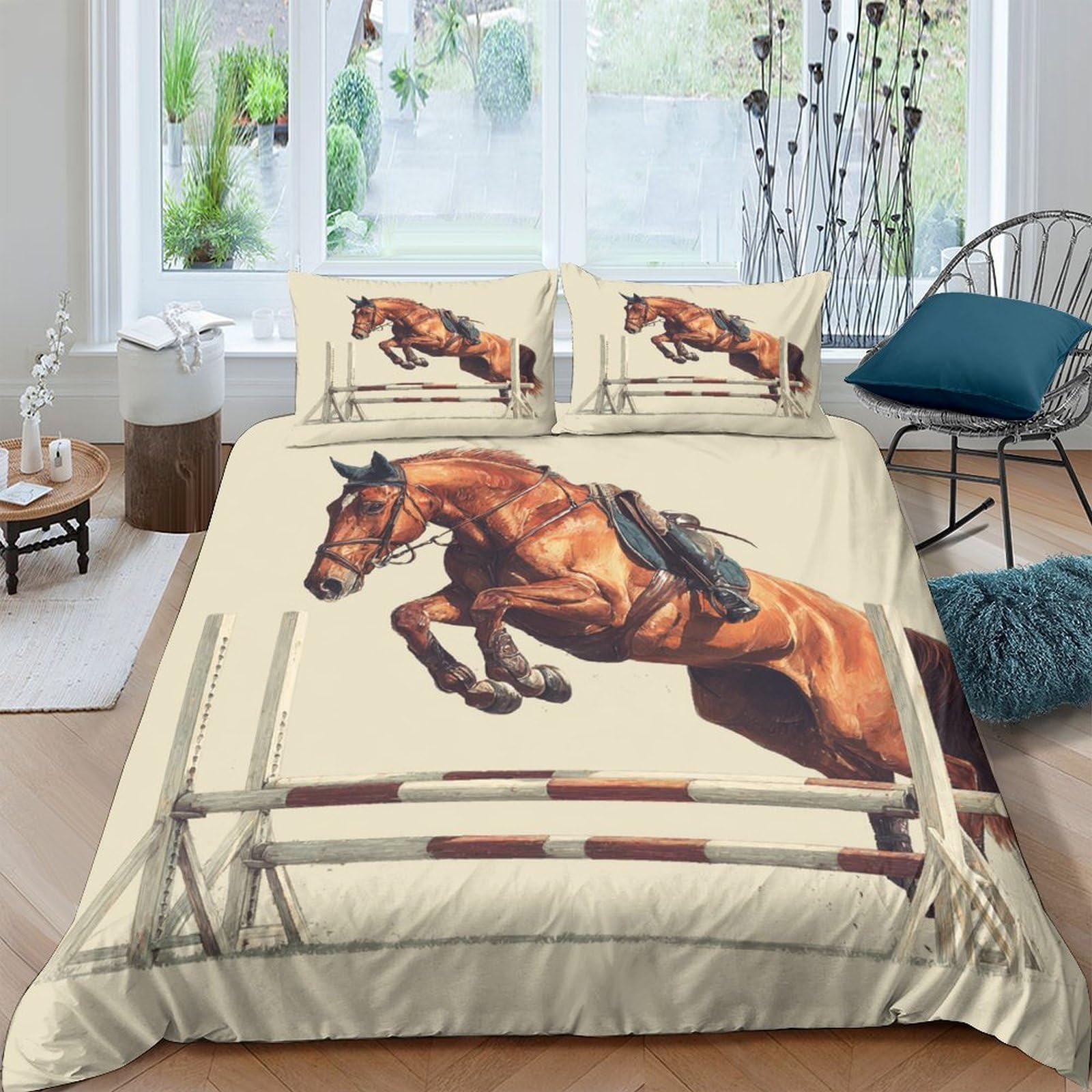 Ctjqhvkz Style-6 3D Printed Horse Jumping Fitted Sheet Microfiber Soft Breathable Show Jump Mattress Cover Bedroom Decor Anti-Slip Washable Single（135X200cm）