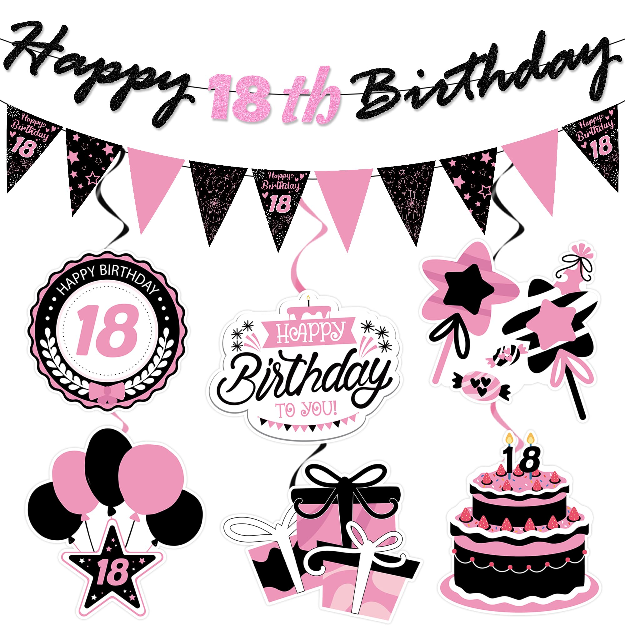 18th Birthday Decorations for Girls Black & Pink Party Supplies, Happy 18 Birthday Banner with Hanging Swirls, Stylish Decorations for Women Girls 18th Birthday Party