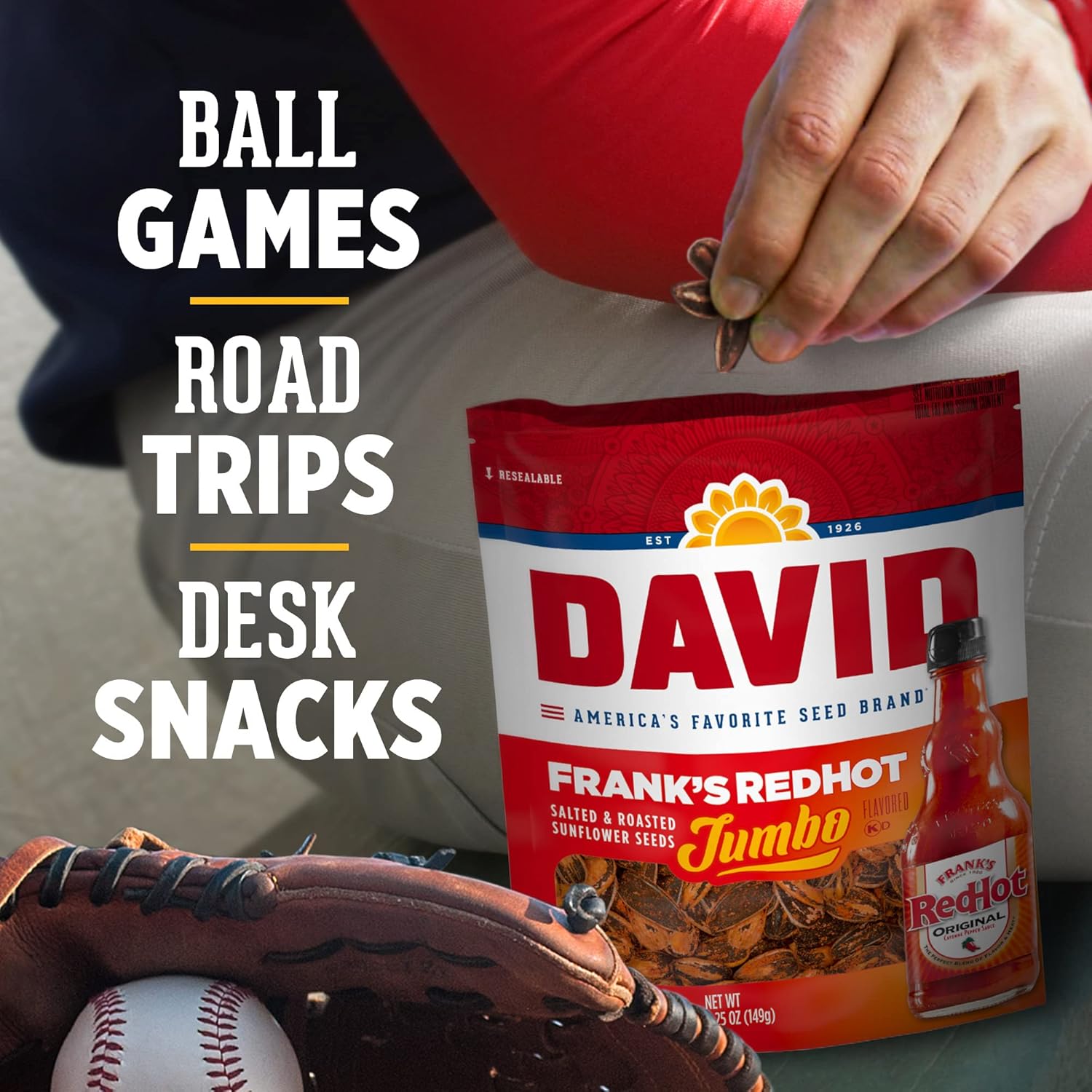 DAVID Jumbo Sunflower Seeds, Frank's RedHot Flavor, Easter Basket Stuffer for Baseball Players, 5.25 oz. (Pack of 12)