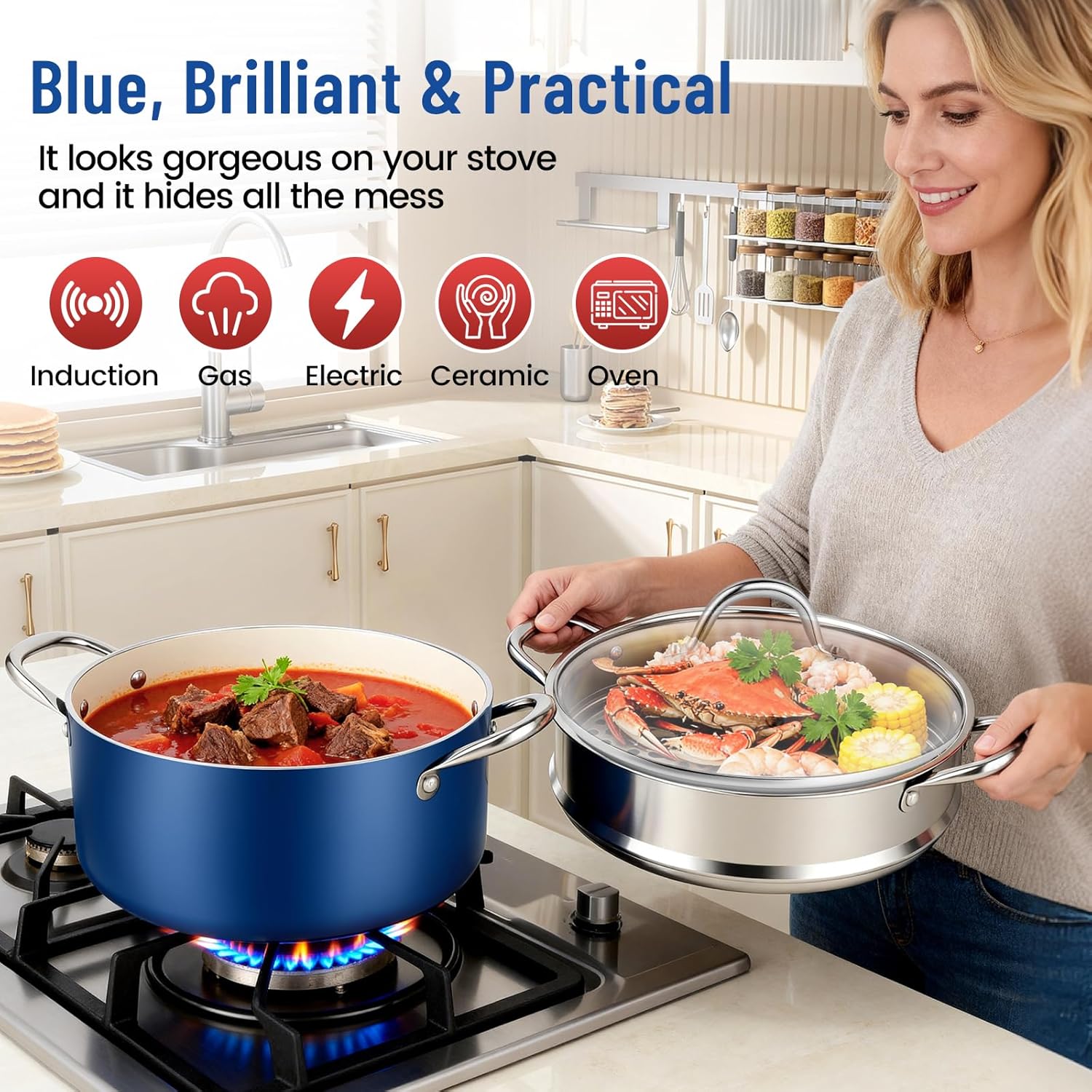 AOSION 6 Quart Steamer Pot With Lid, Nonstick Ceramic Steam Pot with Ladle, 2-Tier Multipurpose Steamer for Cooking with Vegetable,Soup, Stews,Dumplings,Oven & Dishwasher Safe
