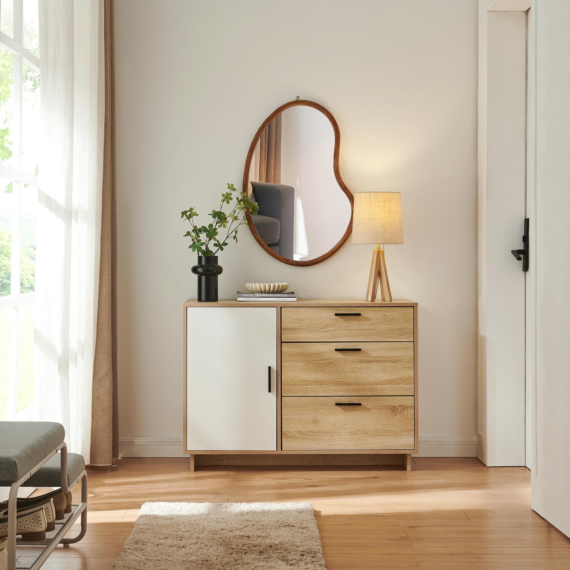 [en.casa] Aparador Kenta Cómoda Armario Bajo Mueble Recibidor con 3 Cajones y 2 Puertas Cajonera Multiusos Mueble Auxiliar 100 x 35 x 72 cm - Blanco y Efecto Roble
