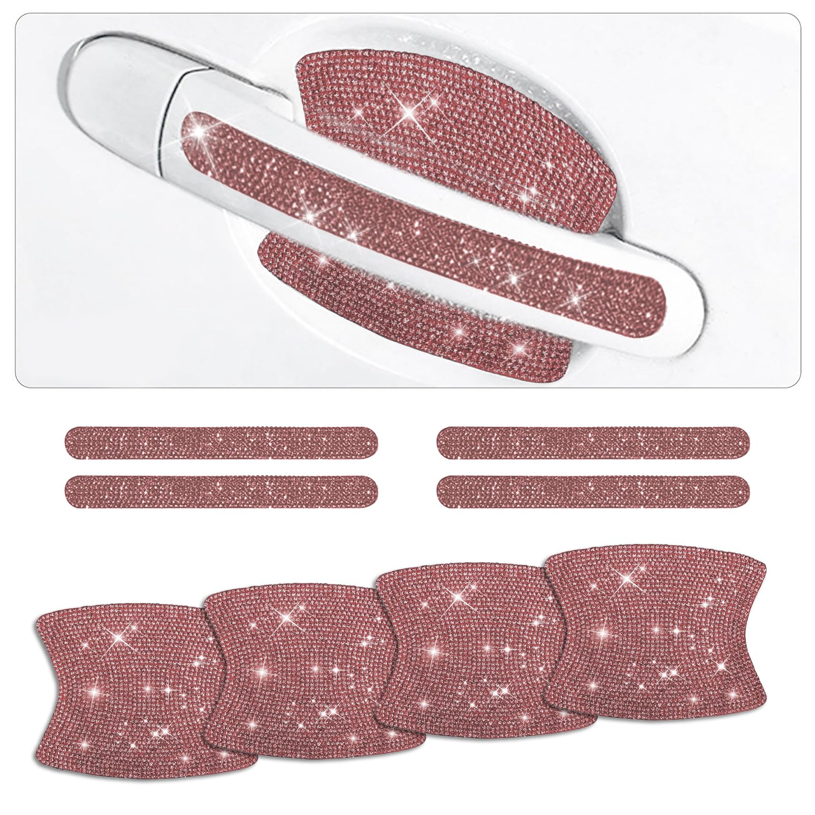 8PCS Bling Car Door Handle Cup Protectors - Anti-Scratch Rhinestone Protective Stickers for Most Vehicles, Auto Exterior Accessories for Women (Pink)