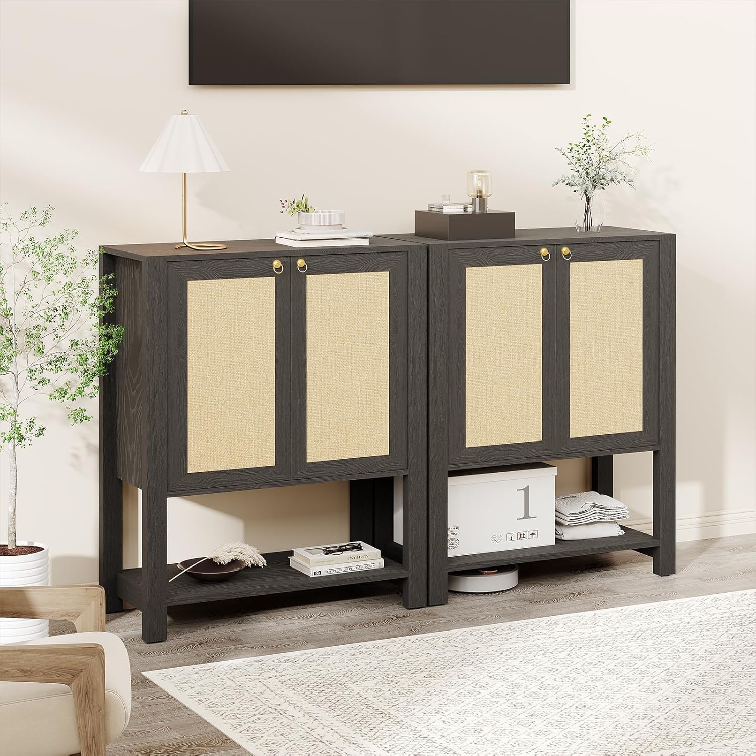 Rattan Shoe Storage Cabinet with 2 Doors - 40 Inch Farmhouse Freestanding Shoe Rack Organizer, Adjustable Shelves, Open Bottom Shelf for Entryway, Hallway, Living Room, Gray Oak