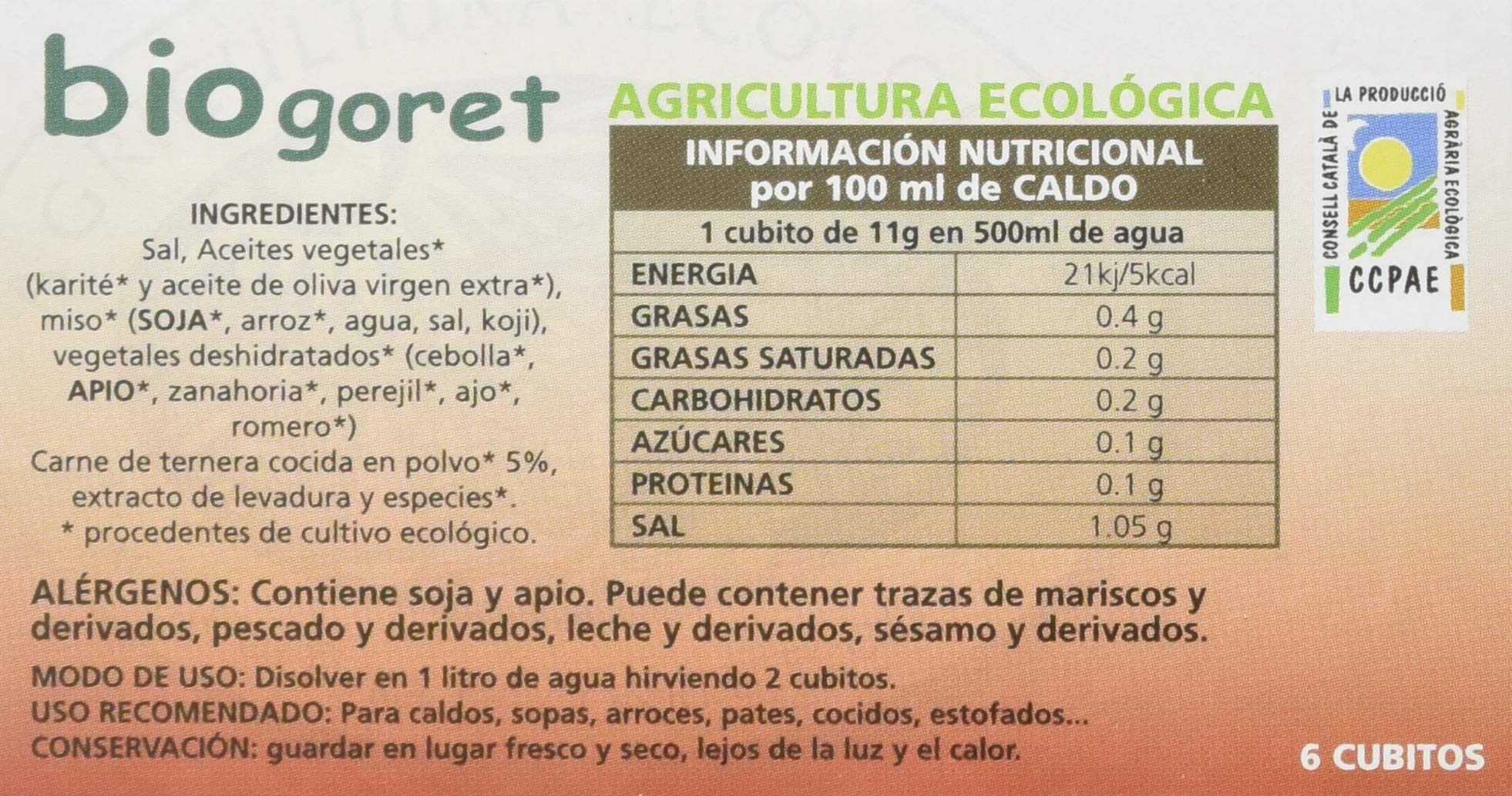 Cubitos de Caldo de Ternera con Verduras Ecológicos 6x11gr, 66 Gramo