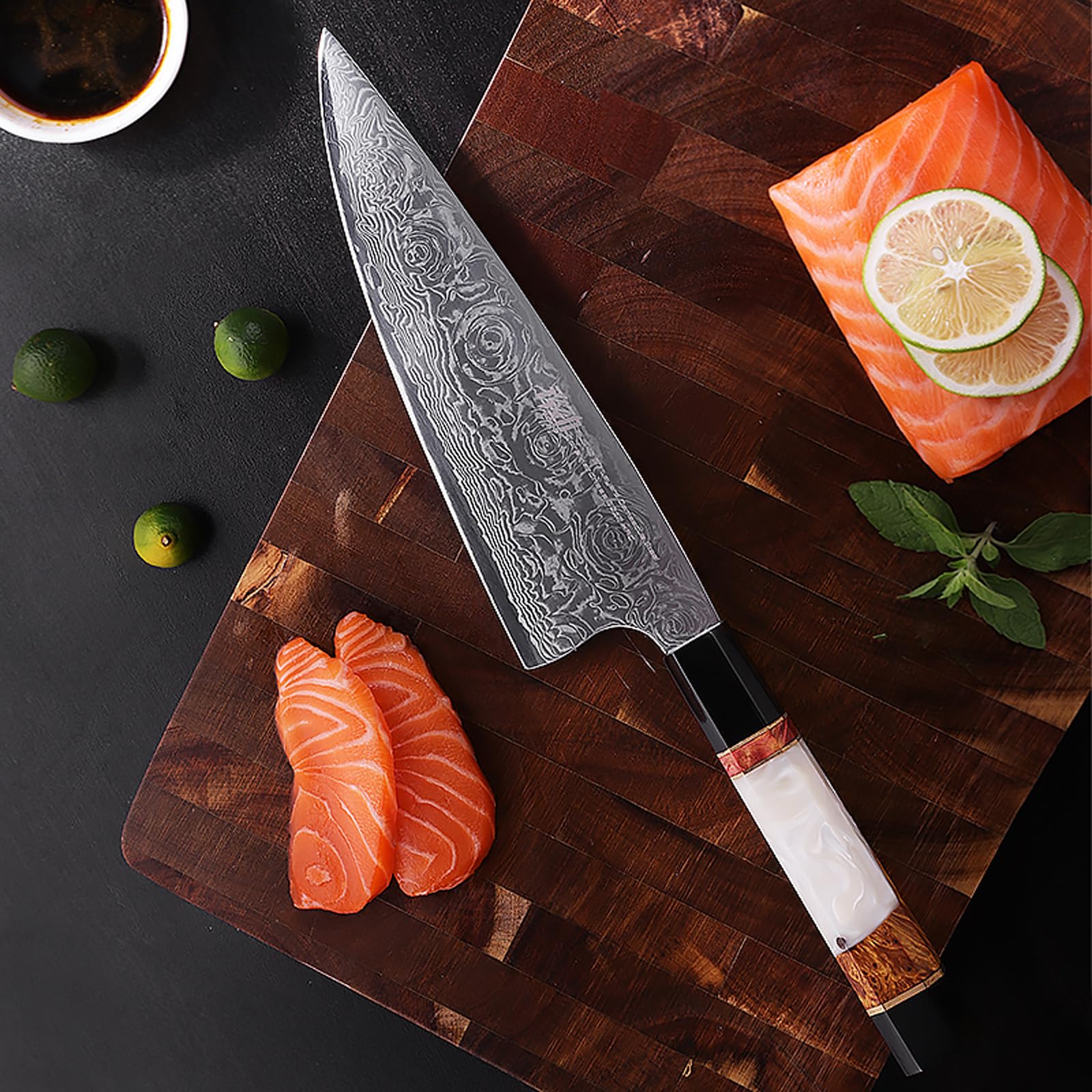 FINDKING Gyuto Messer 19,8cm, Damaststahl Kochmesser BLACK-ROSE Serie | Gyuto Messer, 19,8cm Klinge, Damaststahl, Japanischer Stil, Kochmesser, Präzisionsschnitt, Fleisch Gemüse Küche