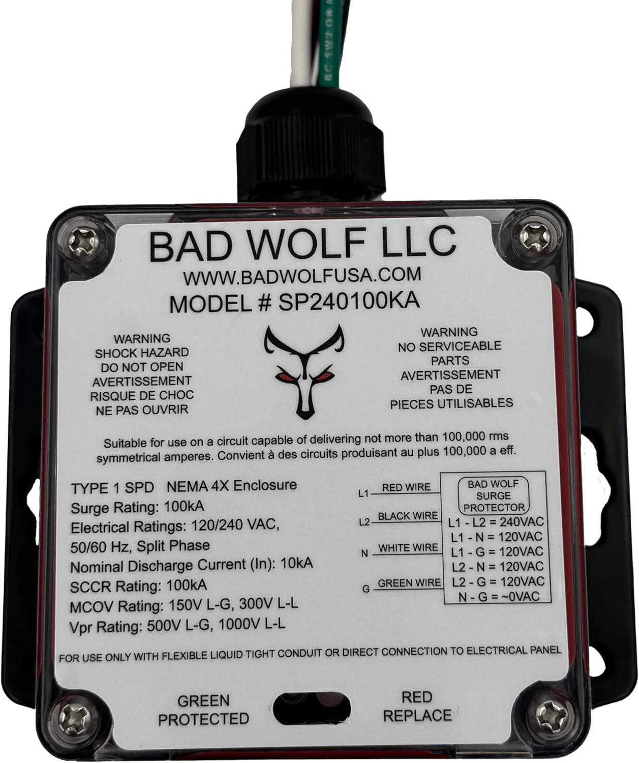 Bad Wolf SP240V100KA-A Whole House Surge Protector, ETL Listed to UL 1449 5th Edition & CSA C22.2 No. 269.1/269.2, Type 1 SPD, 120/240V Split-Phase, 100kA, NEMA 4X IP67