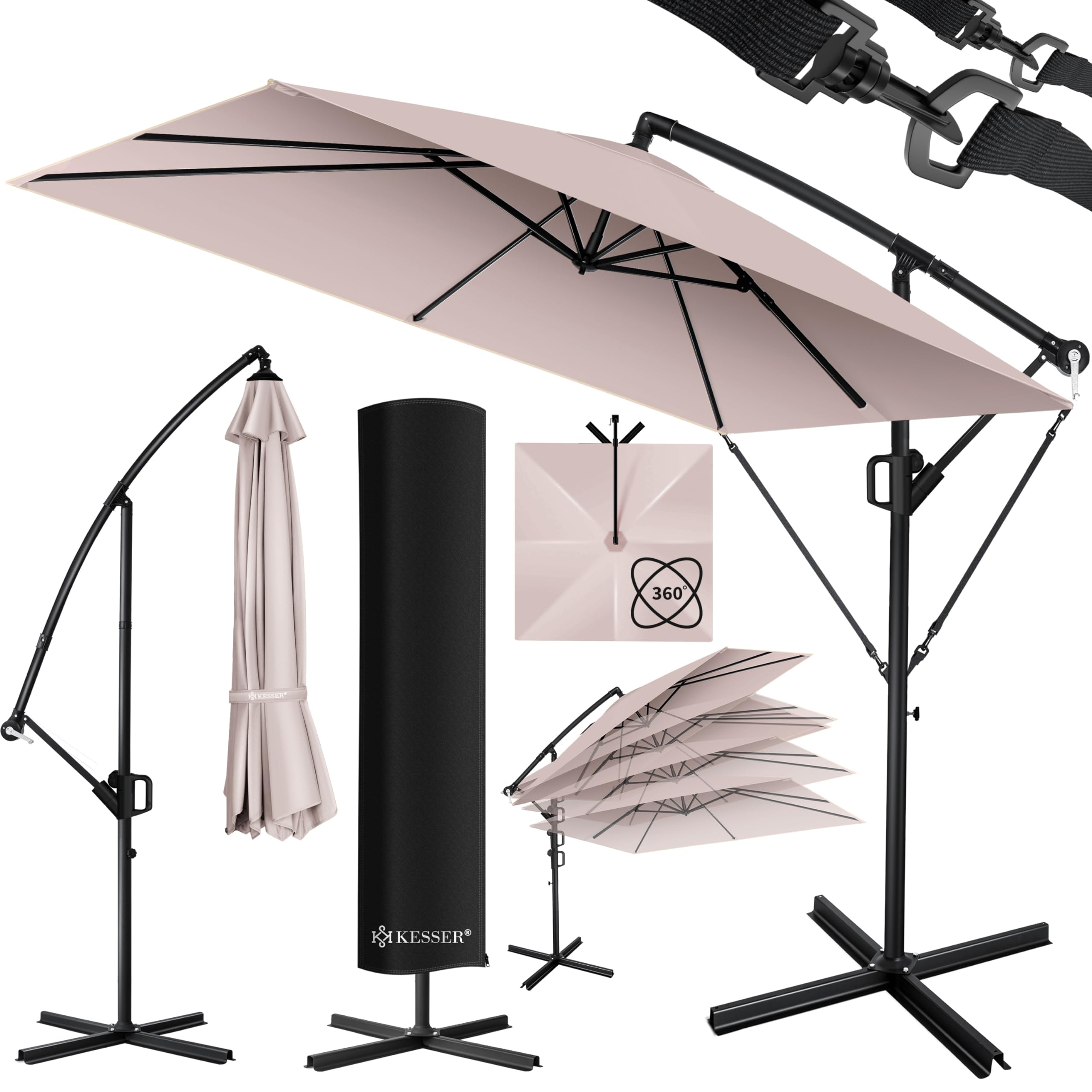 KESSER® Holly Sombrilla de terraza rectangular + funda + protección contra el viento con manivela, incl. manivela y soporte Protección UV Aluminio hidrófugo 250cm x 250cm Sombrilla de jardín