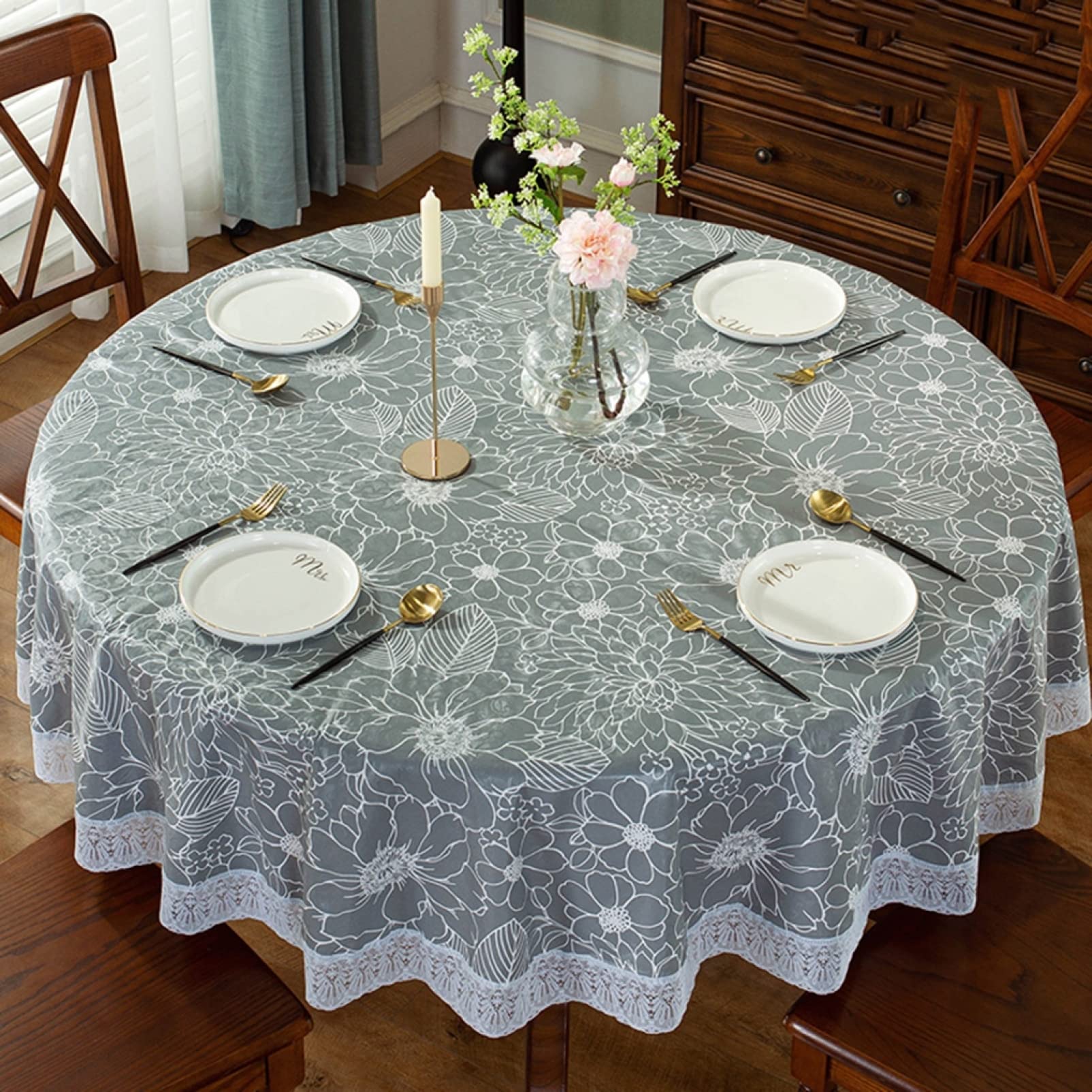 Amazon｜テーブルクロス 円形 丸 北欧 田園風 防水 撥水 無地 レース