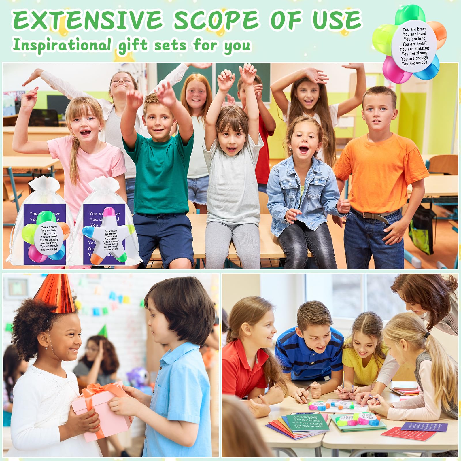 AmazingSpark 18 Sets Schulanfangs-Geschenke für Schüler, Textmarker mit Mini-inspirierenden Notizbüchern, Organza-Beutel, 5-in-1, fluoreszierende Stifte, Bestätigungsgeschenke für Schule