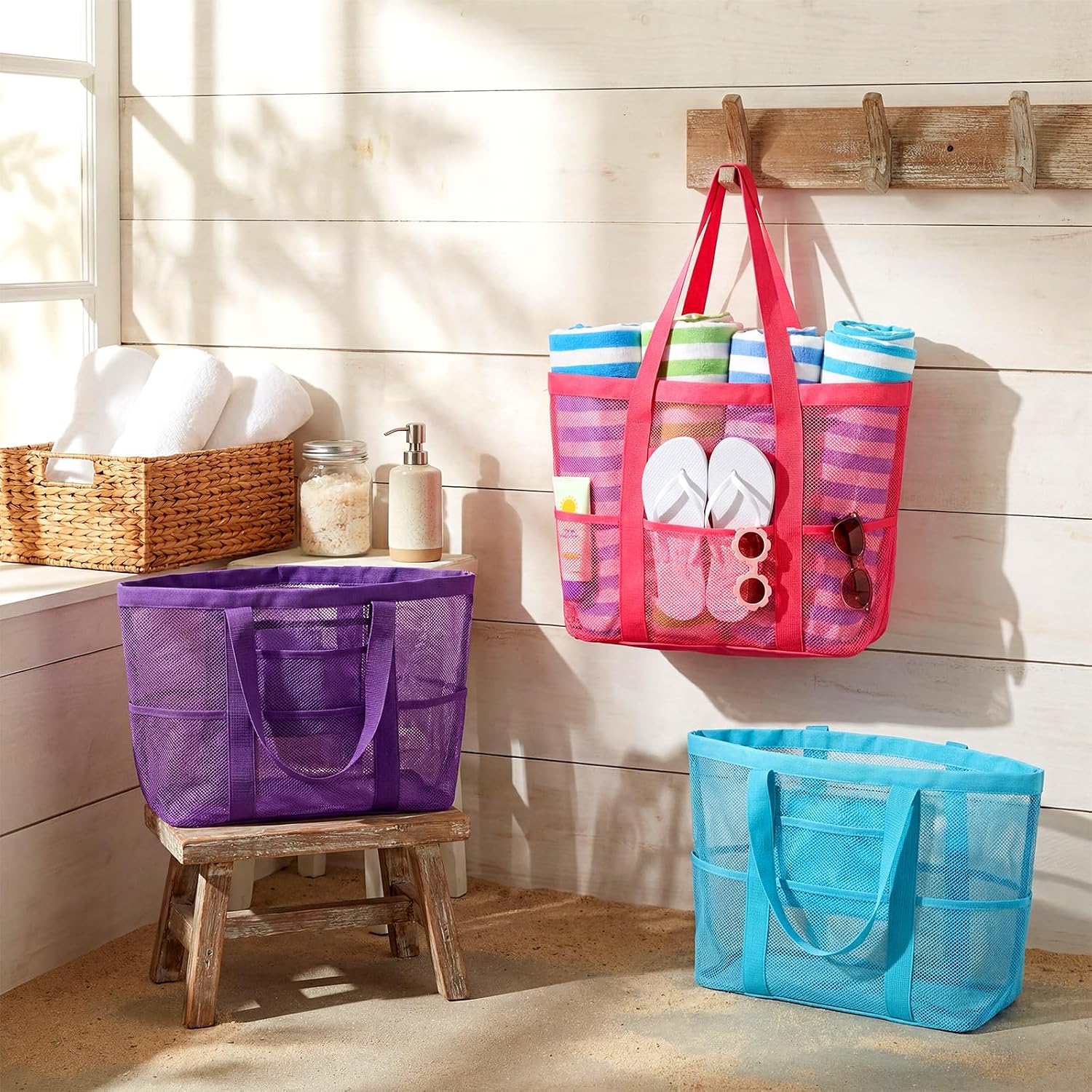 Hsei 8/16/20 Pcs Large Mesh Beach Tote Bag Bulk with 8 Pockets Colorful Beach Bag Summer Accessories for Women Girl