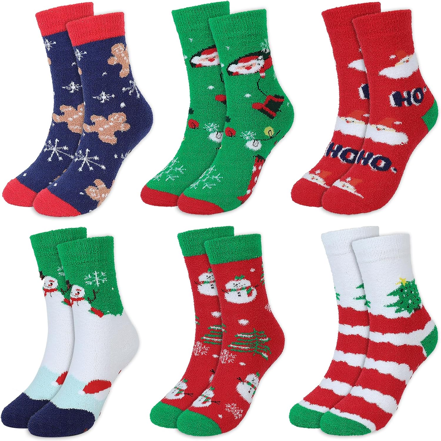 6 Pairs Adult Christmas Holiday Socks - Warm, Cozy Fuzzy Socks With Plus Size And Anti-Slip Bottom