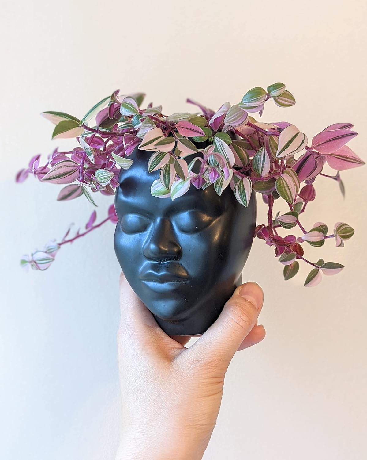 Artist Unknown Female Head Face Ceramic Planter Pot Black Small with Drainage Hole 2.25"x4.5"