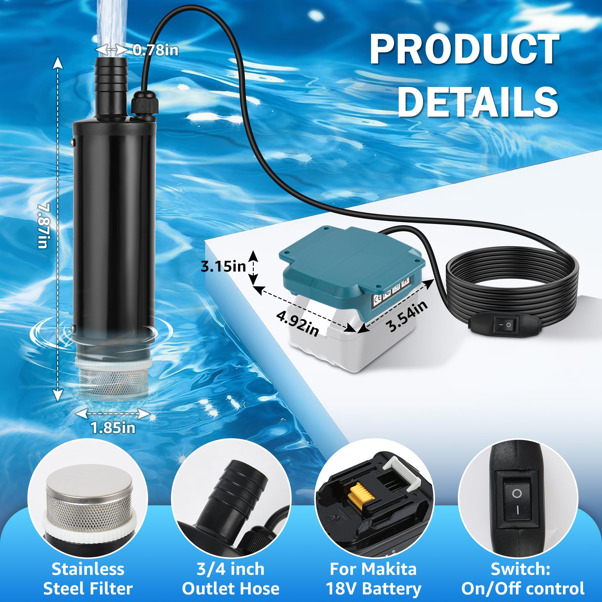Pompe à Eau Portable pour Batterie Makita 18V, Pompe a Eau Portable Sans Fil Débit de 30 L/min Idéale pour Piscines, Arrosage du Jardin, Lavage de Voiture, Flaques d’Eau et Camping (Sans Batterie)