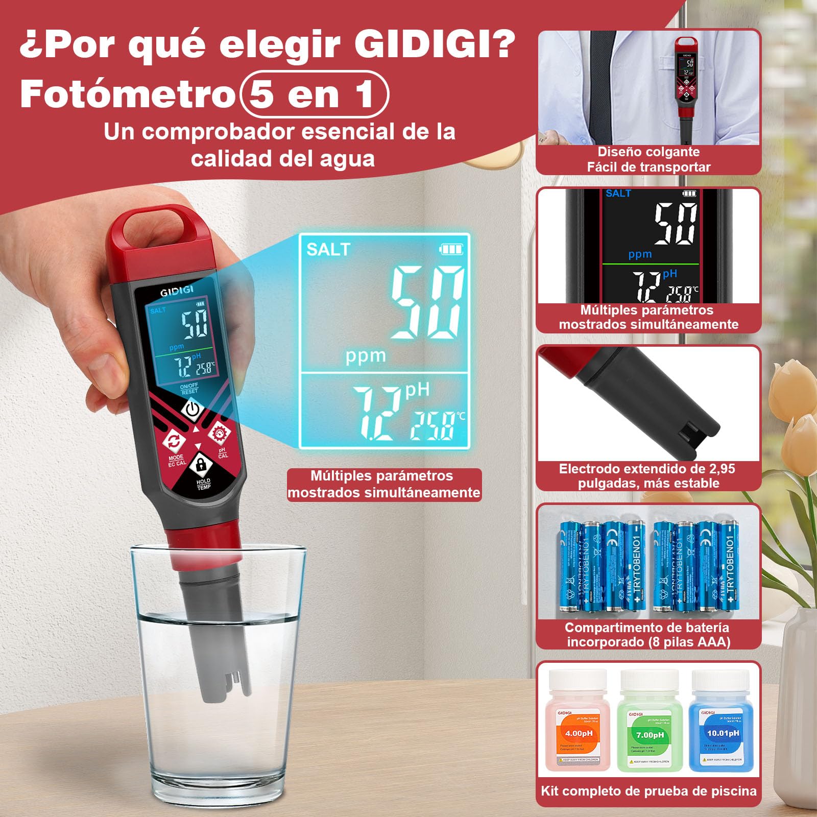 Medidor Digital 5 en 1 Salinidad pH EC TDS con Pantalla Color y Solución Calibración para Piscinas Agua Salada Acuarios Hidroponía