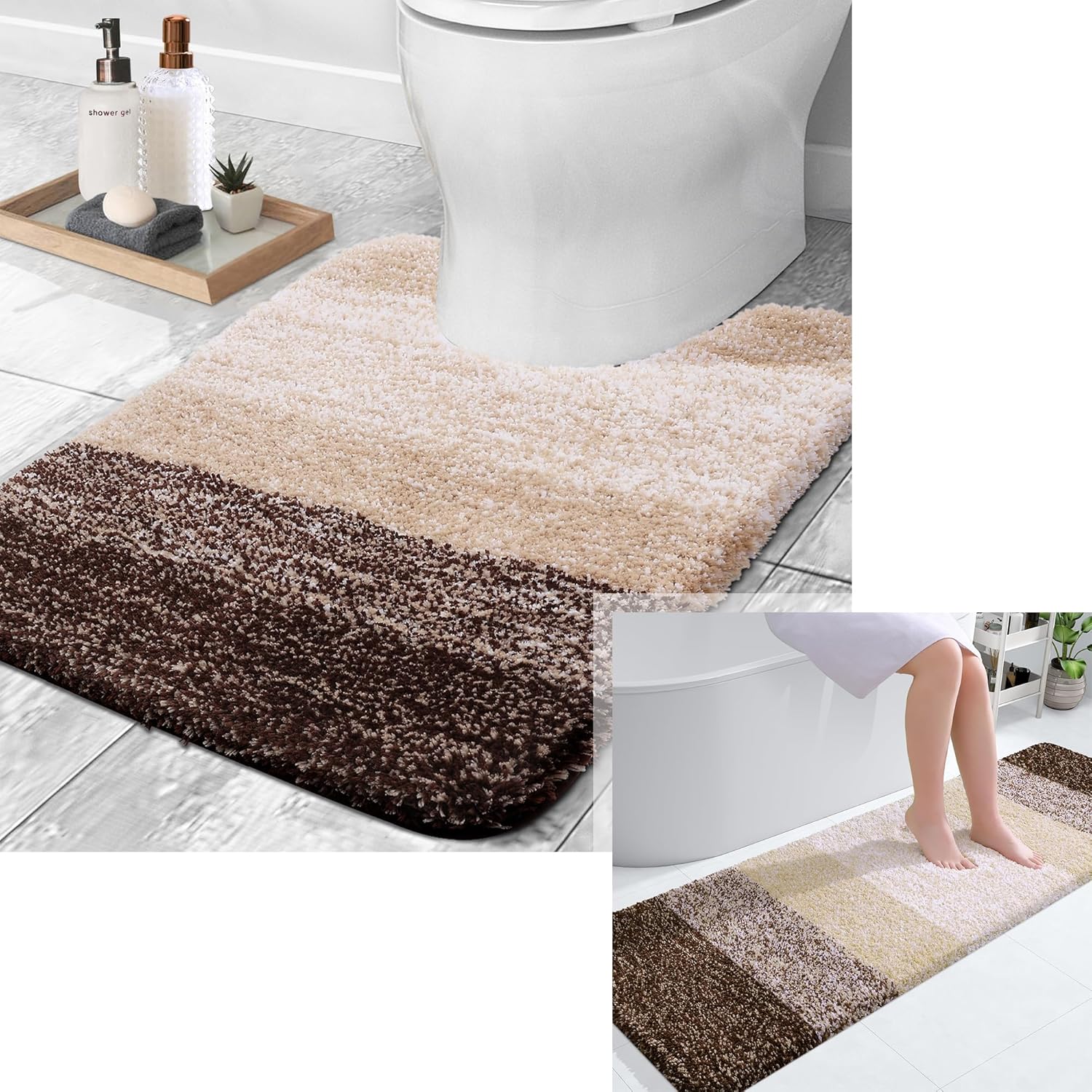 OLANLY Ombre Bath Rug and Toilet Rugs U-Shaped, Bath Rug Size 59x20 and Toilet Rugs Size 24x20 in Brown, 2 Item Bundle