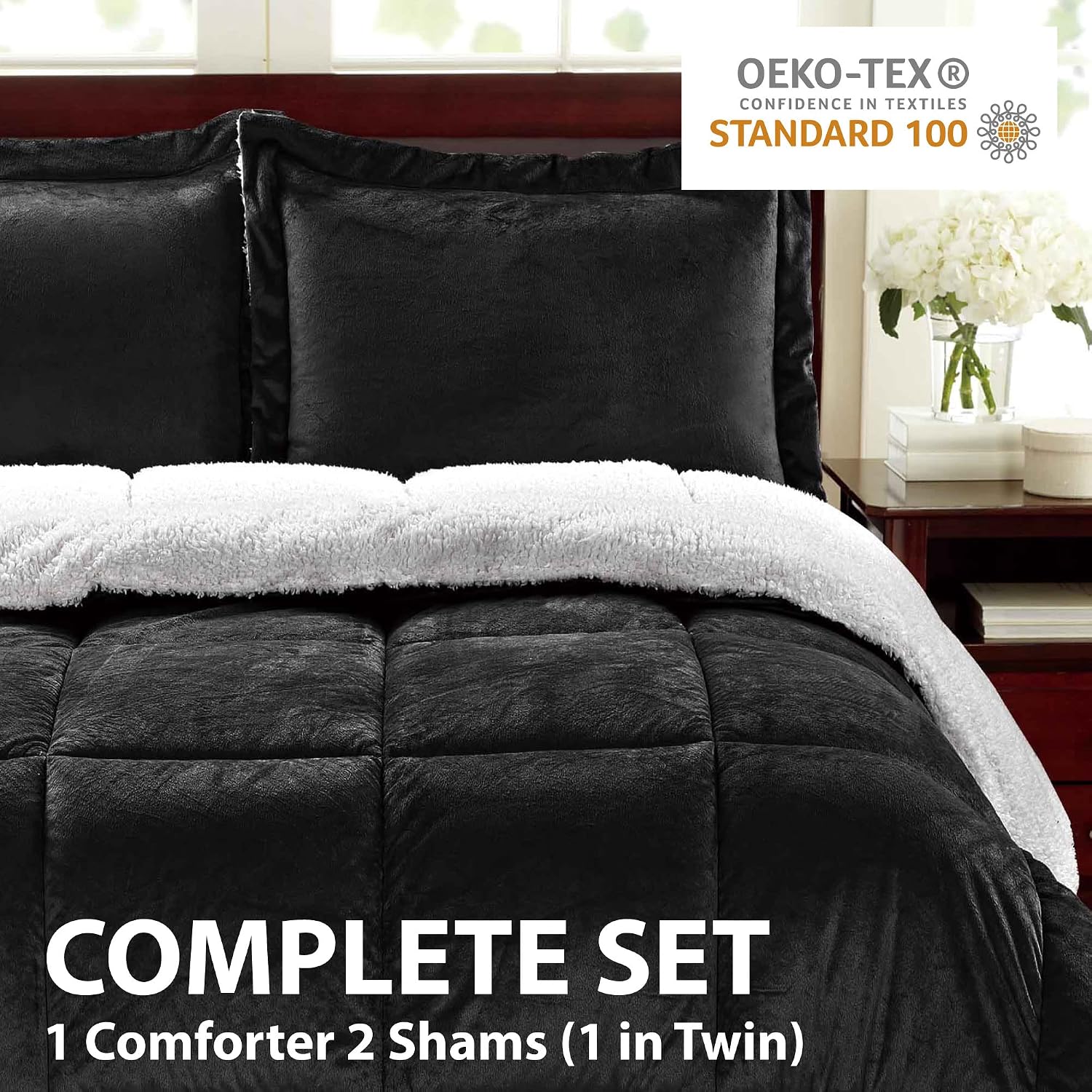 Cathay Home Comforter Set: Ultra Soft and Plush Reversible Micromink and Sherpa 3-Piece Bedding Set, Black, Queen (90" x 90")