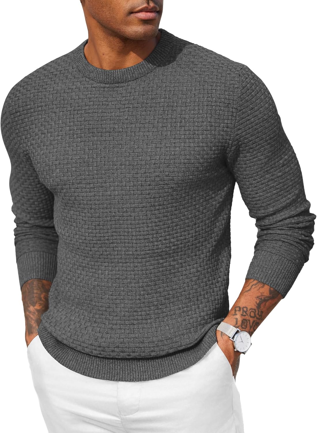 COOFANDY Men Dress Crewneck Sweater Pullover Knit Long Sleeve Casual Slim Fit Sweater