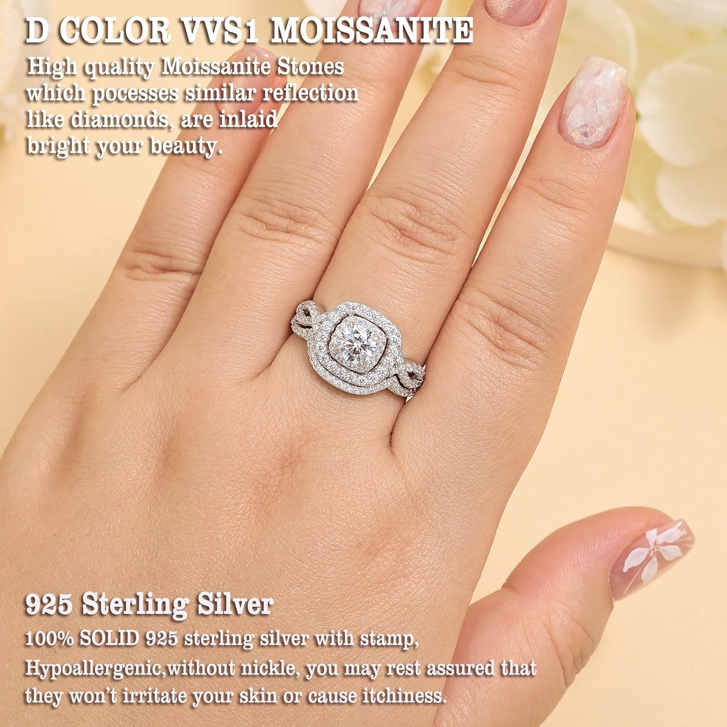 Newshe Jewellery Moissanite Wedding Rings for Women 925 Sterling Silver Wedding Band Bridal Set Round Engagement Size