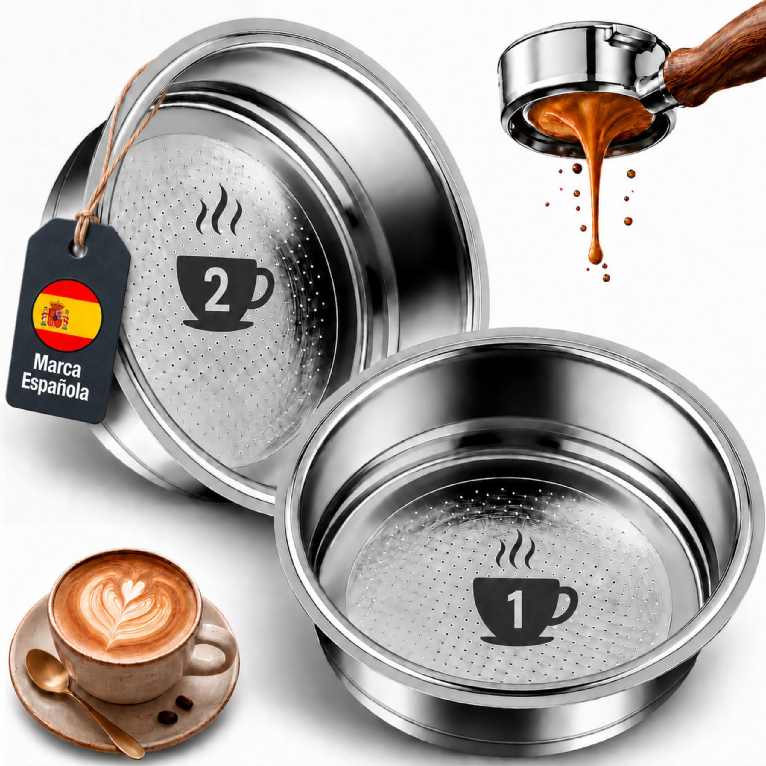 2x1 Filtros Presurizados para Cafetera Cecotec de 1 y 2 Tazas (51mm) - Pack 2 Filtro de Repuesto Resistente y de Fácil Limpieza - Accesorios de Recambio Duraderos para Cafetera Power Espresso Cecotec
