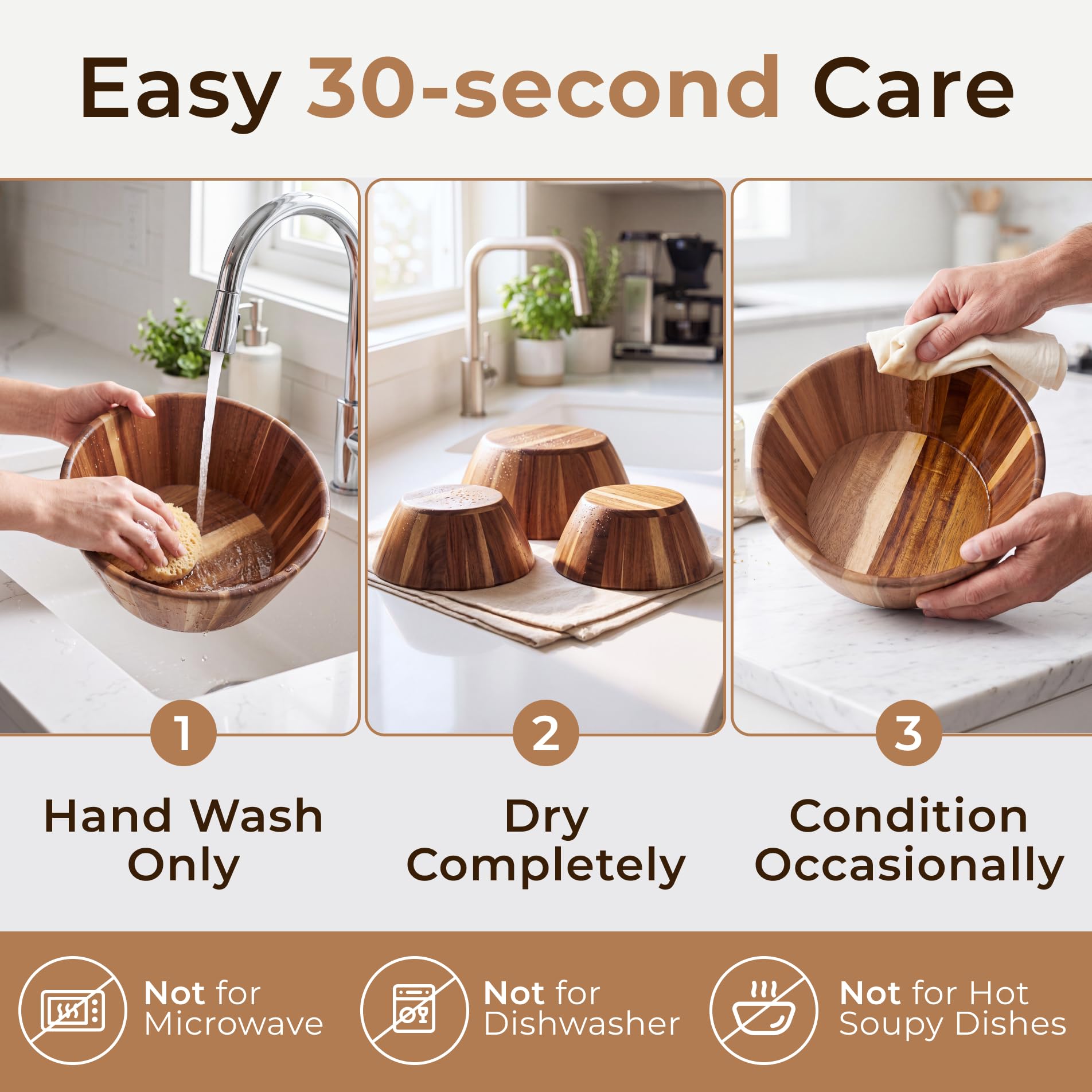 Woodenhouse Ensaladera de madera, juego de 3 cuencos de madera grandes redondos para servir, cuencos de frutas, hechos a mano, duraderos, elegantes, accesorios de comedor de madera natural