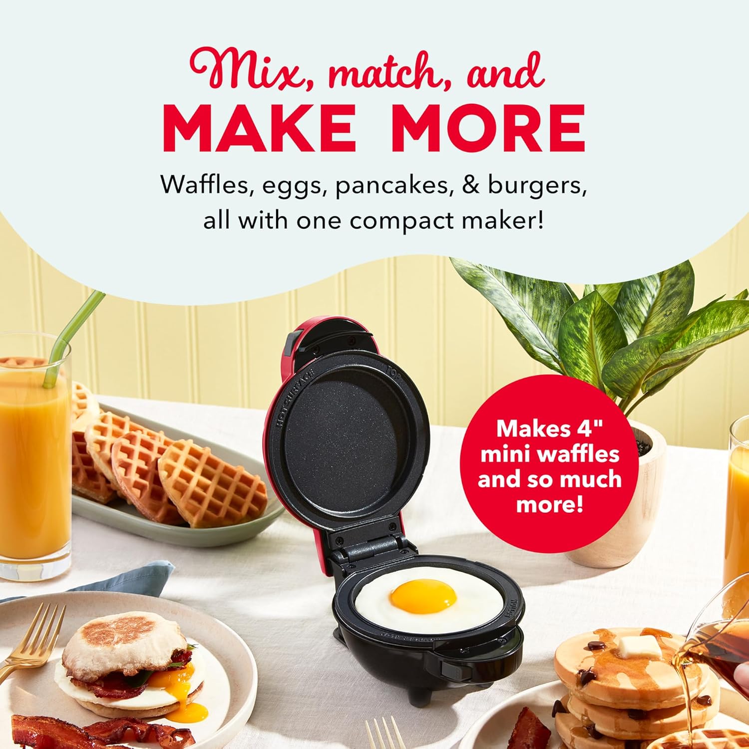 Dash MultiMaker® Mini System - Compact Waffle Maker for Family Breakfasts - Removable Griddle Plates & nonstick surface - 5 Plates - Red