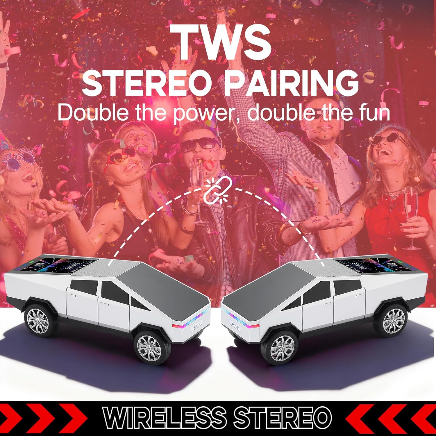 Futuristic Shapes Truck Bluetooth Speaker with LED Display Screen – TWS Stereo, FM Radio, USB/TF Playback, LED Headlights, Built-in Mic, Gift for Car Lovers, Model Collectors & Tech Fans (Silver)