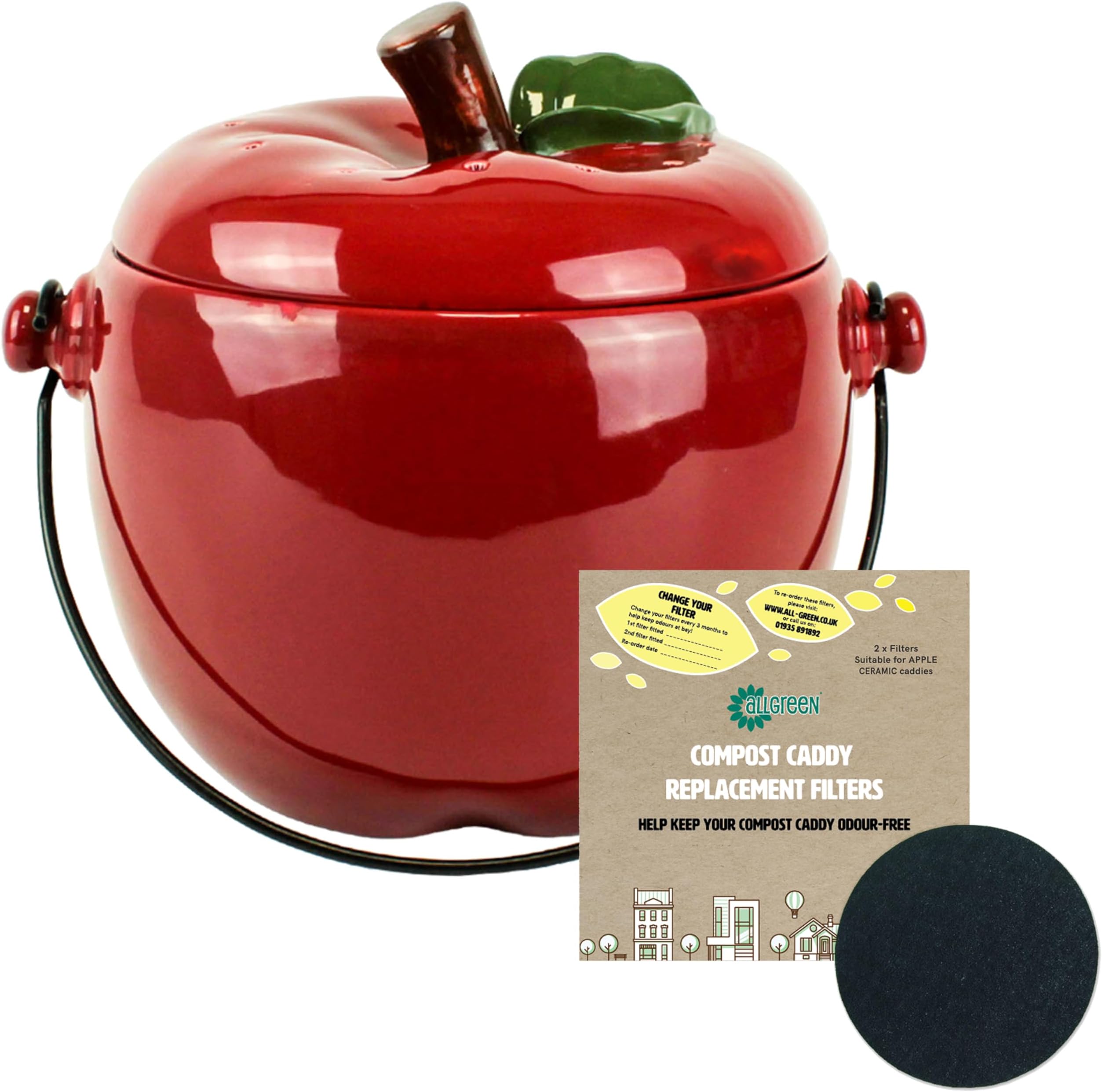 Red Apple Ceramic Compost Caddy/Kitchen Food Waste Bin (3.5 Litre) & 1 x Filter Pack