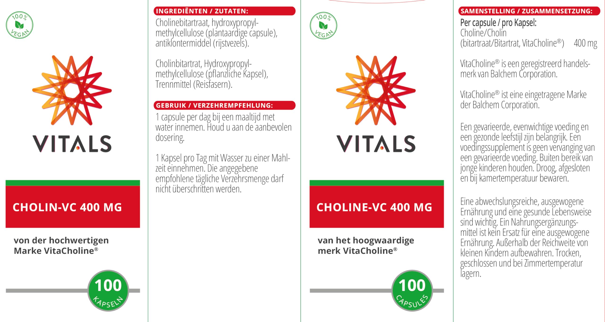 Vitals Cholin-VC – 400 mg elementares Cholin (VitaCholine), hochdosiert, 100 Kapseln