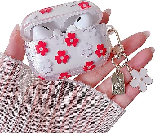 Miniatura 7 de MINSCOSE Funda transparente compatible con AirPods Pro, bonito diseño de patrón de flores de dibujos animados con llavero floral, funda protectora
