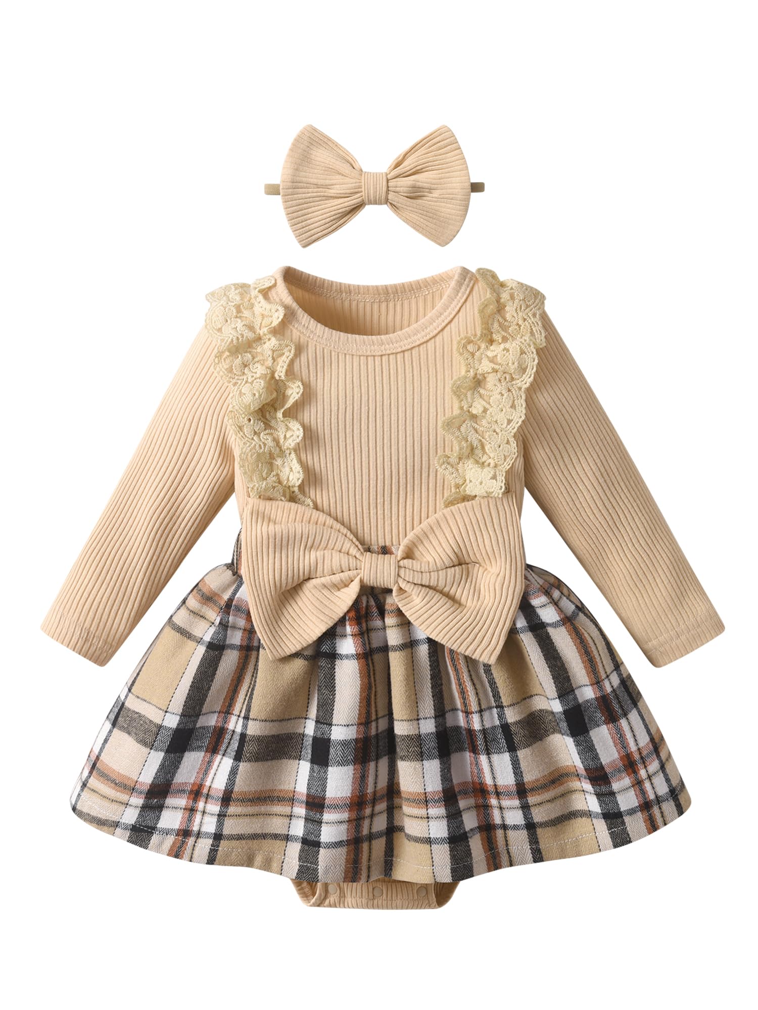 Zoputey Infant Baby Girls Dress Long Sleeve Plaid Print 2Pcs Outfit Sets, Beige, 6-9 Months