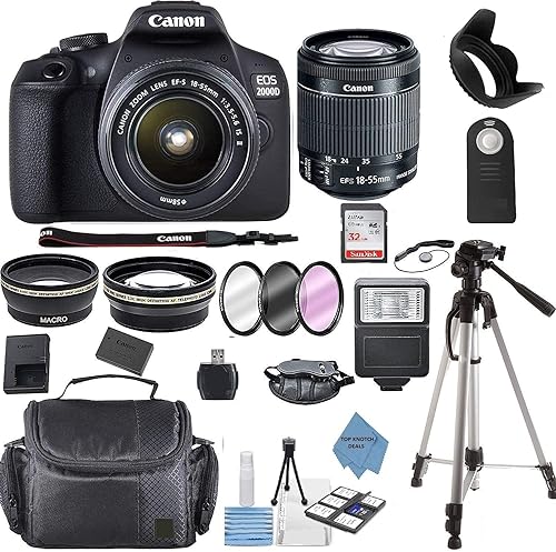 Ofertas definitivas Canon EOS 2000D (Rebel T7) Cámara DSLR con lente Canon EF-S 18-55mm F/3.5-5.6 + Estuche + Tarjeta de memoria de 32GB + Kit