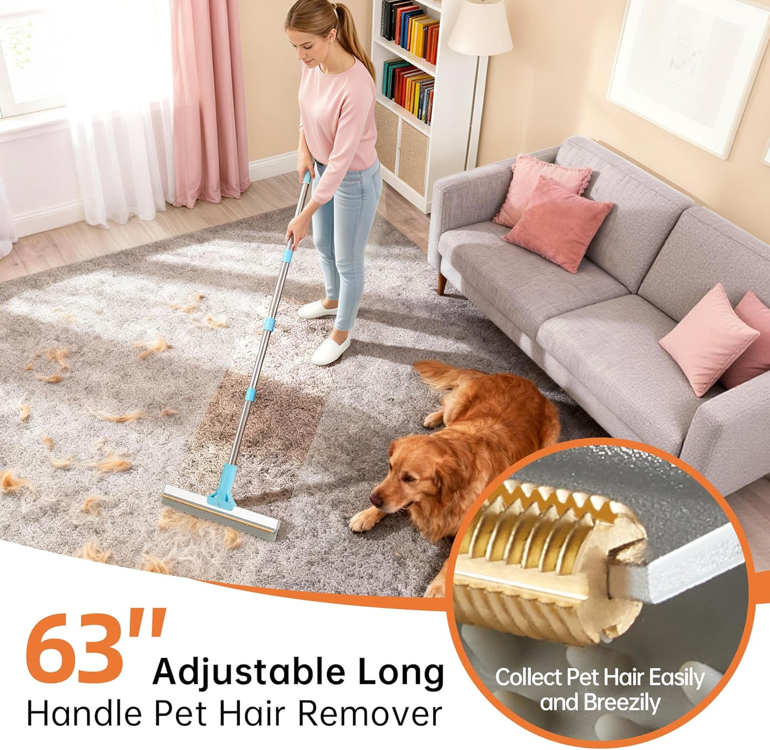 Carpet Rake for Pet Hair Removal - Reusable Uproot Clean Pet Hair Remover, 63” Adjustable Long Handle Cat Dog Carpet Rake Scraper, Dog Hair Rake Brush for Rugs, Mats, Couch