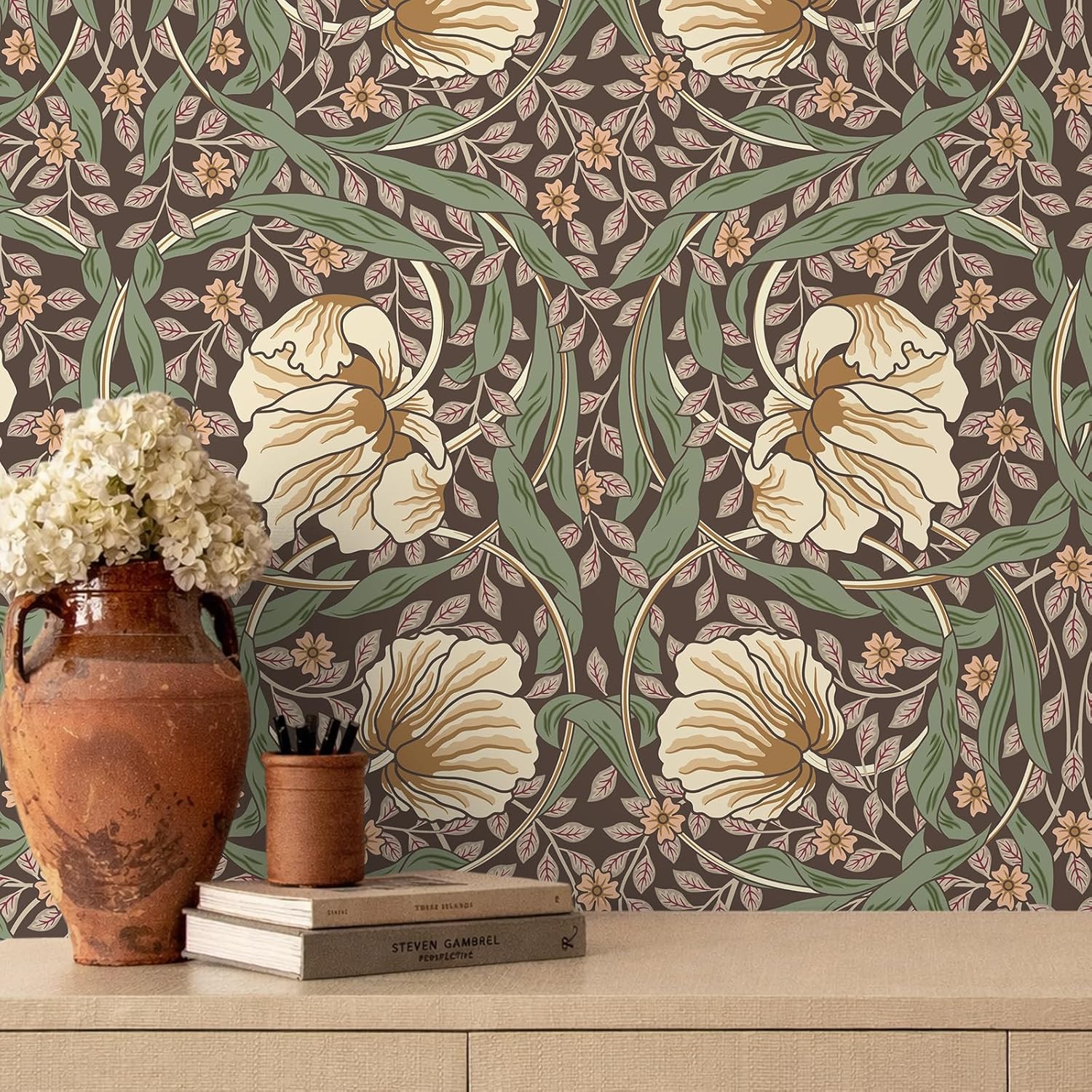 VEELIKE Vintage Dark Earth Floral Wallpaper Peel and Stick William Morris Wallpaper Pimpernel Wall Mural 17.7''x354'' Self Adhesive Contact Paper Removable Moody Vinyl Wall Paper for Bedroom Bathroom