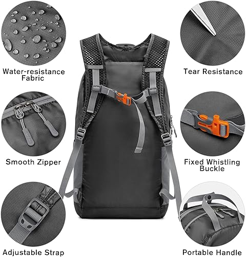 Miniatura 4 de G4Free Mochila de senderismo ligera de 25 litros plegable para viajes deportivos, resistente al agua, para mujeres y hombres, Negro -, Viajes al