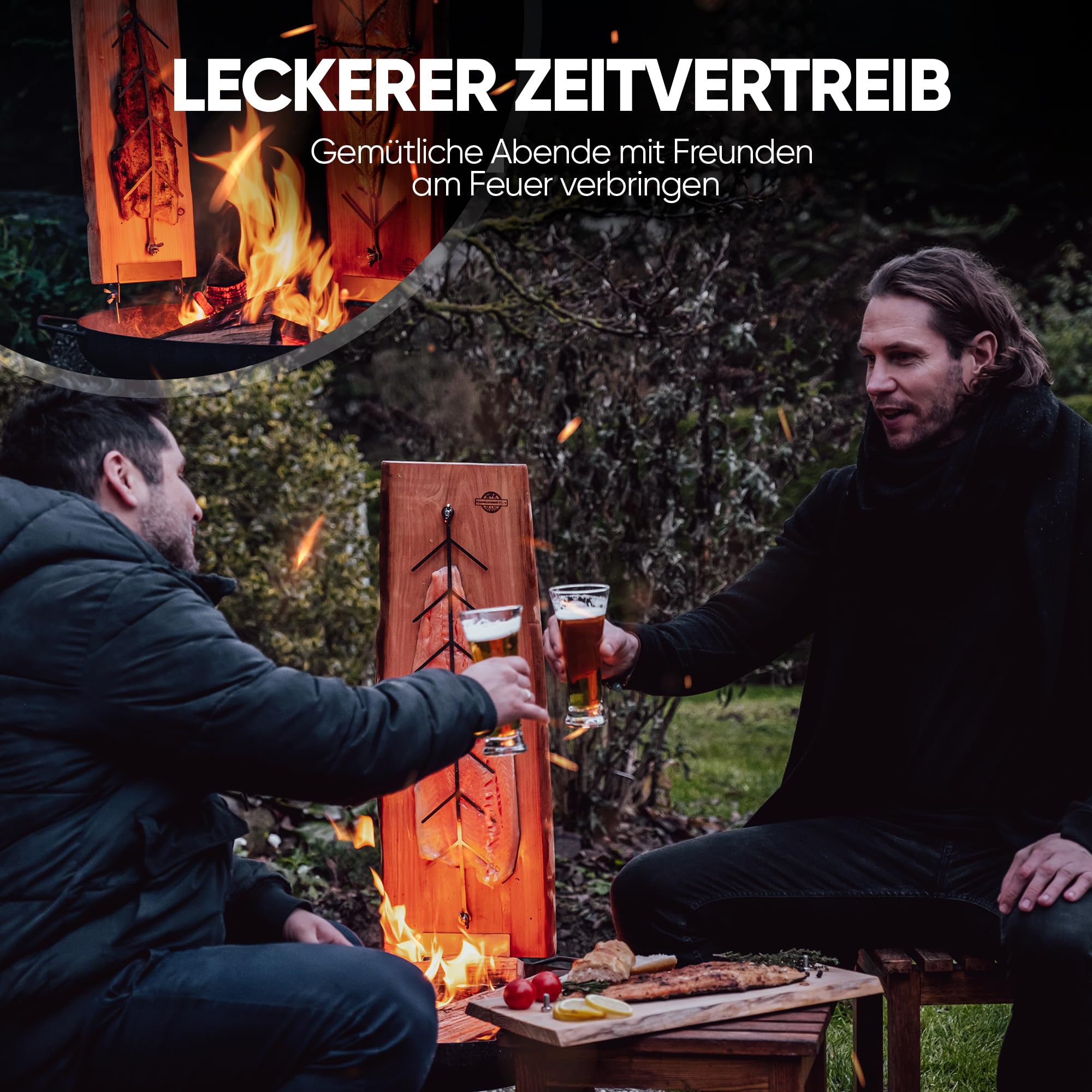 XL Flammlachbrett [mit 5 verstellbaren Einstellwinkel] aus Lärchenholz mit Maserung | ca. 200-290 x 500 x 20 mm | Lachsbrett für Feuerschalen & Kugelgrill