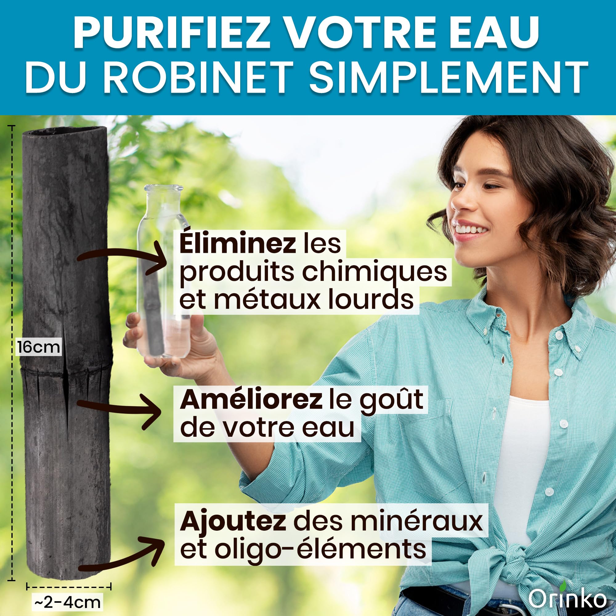 ORINKO Binchotan Bio x3 - Charbon Actif de Bambou pour Purification d'Eau en Carafe - Filtre 1,5 L par Bâton