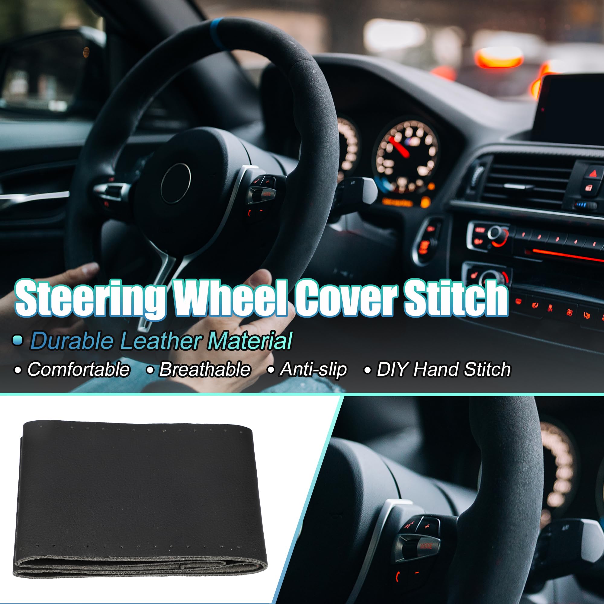 uxcell Funda cosida a mano para volante de coche con aguja e hilo, ajuste universal, 41-43 cm de diámetro