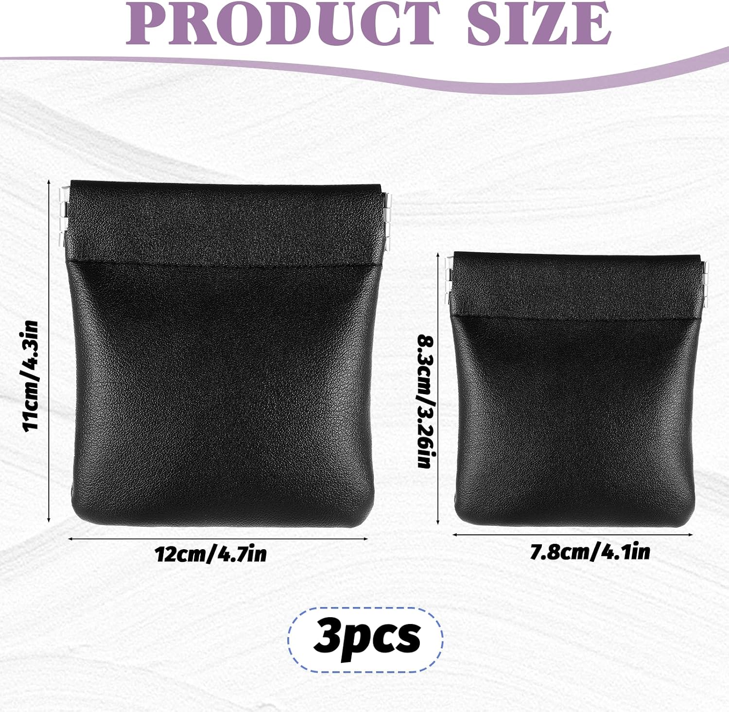 3 Pcs No Zipper Squeeze Coin Purse PU Leather Change Pouch Self Closing Coin Pouch Black Portable Storage Bag (2 Size)