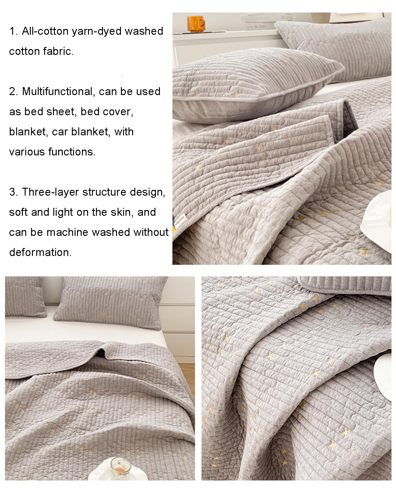 Colcha Cama, 100% Algodón Acolchado Fino, Cubrecama Moderno Y Elegante Tejido Fino, Colcha Cubre Cama Multiusos para Todas Las Estaciones,Gris,230 * 245cm