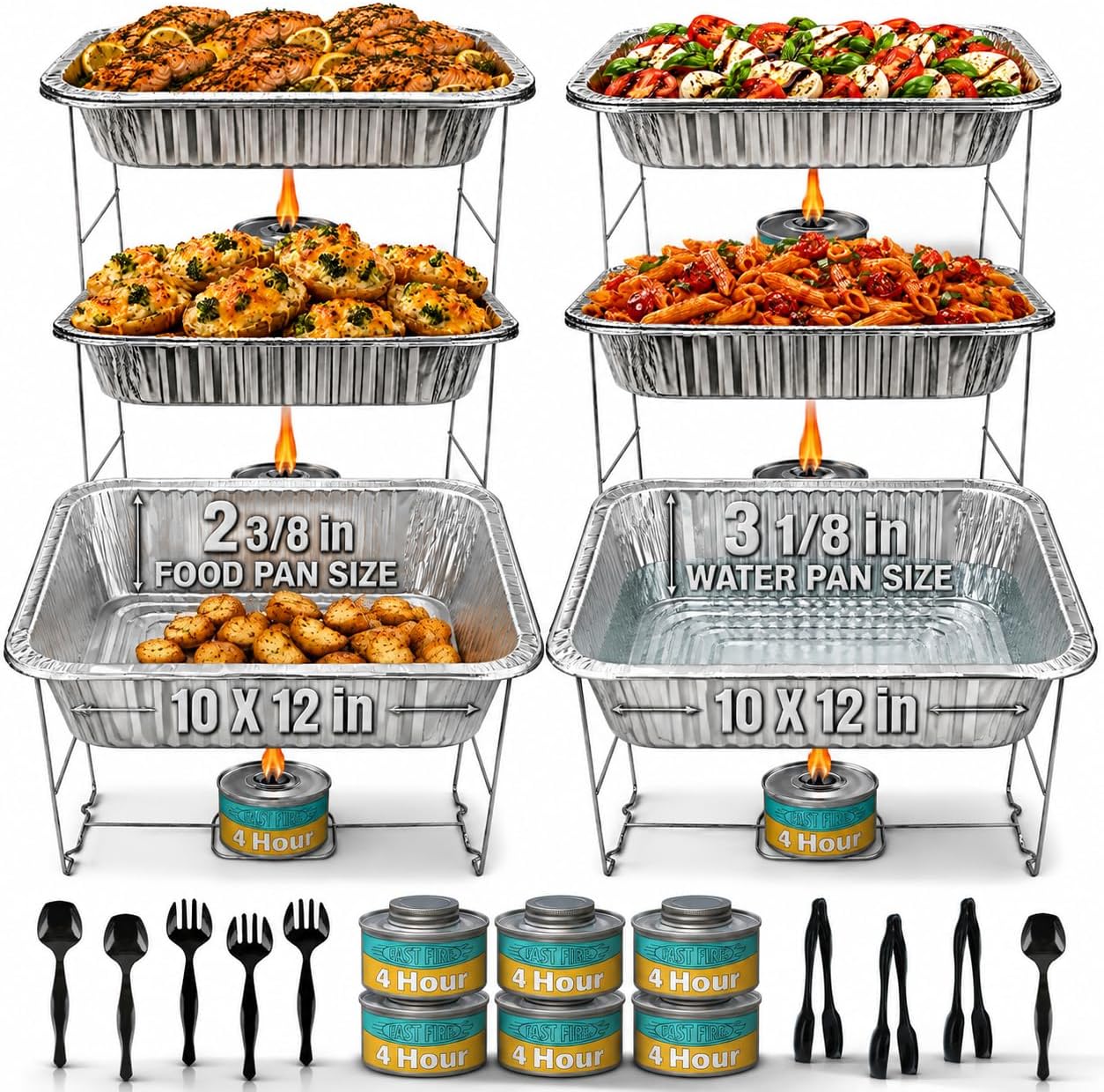 Chafing Dish Buffet Set, Half Size, Disposable Catering Supplies -6 Pack- Food Warmers For Parties: Foldable Wire Racks, Fuel, Aluminum Water Pans, Serving Utensils -Single Pan Warmer