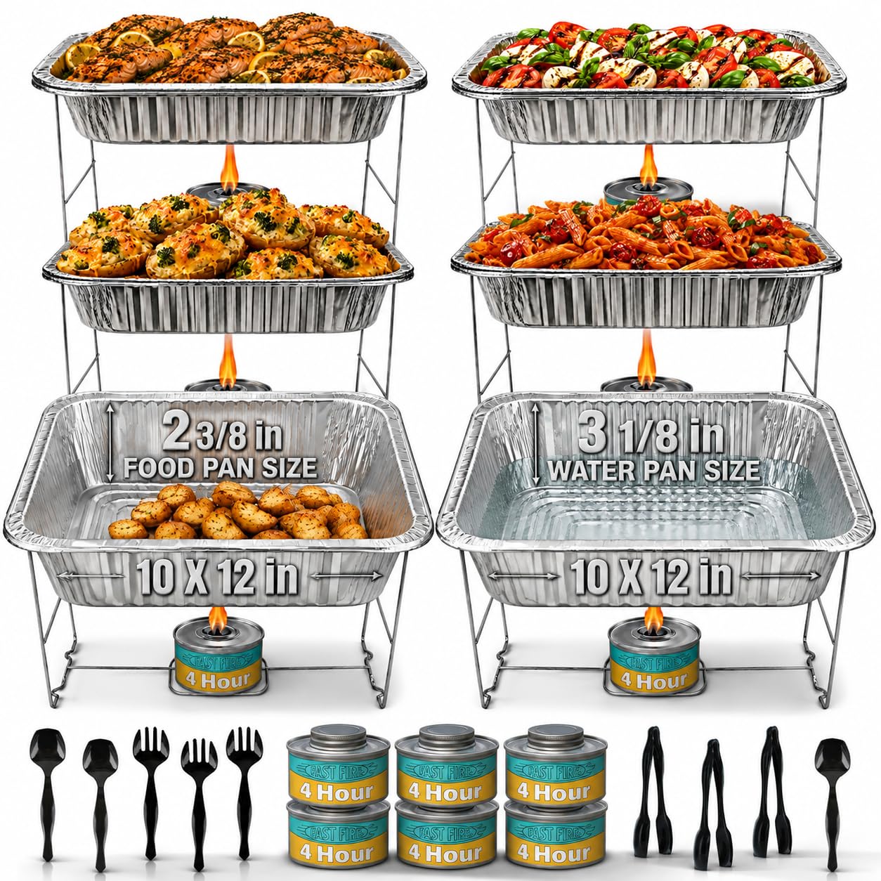 Chafing Dish Buffet-Set, halbe Größe, Einweg-Gastronomiebedarf, 6 Stück, Speisenwärmer für Partys: faltbare Drahtregale, Brennstoff, Aluminium-Wasserpfannen, Lebensmittelpfannen, Servierutensilien