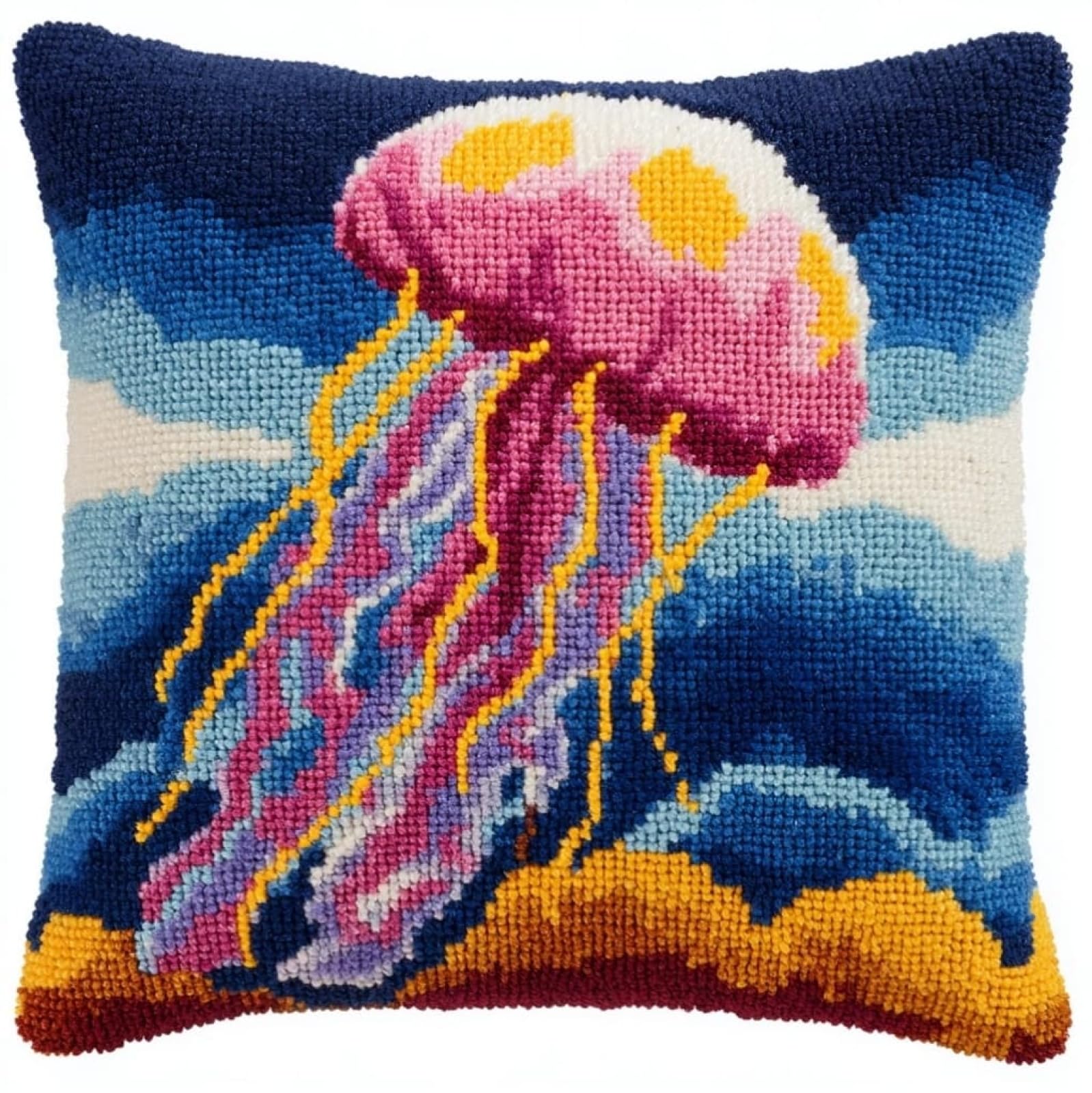 AxiangziK Latch Hook Pillow Kits 17x17in,Cartoon Jellyfish Printed Pillowcase Latch Hook Kits for Beginners Adults DIY Handmade Cushion Decoration Sofa