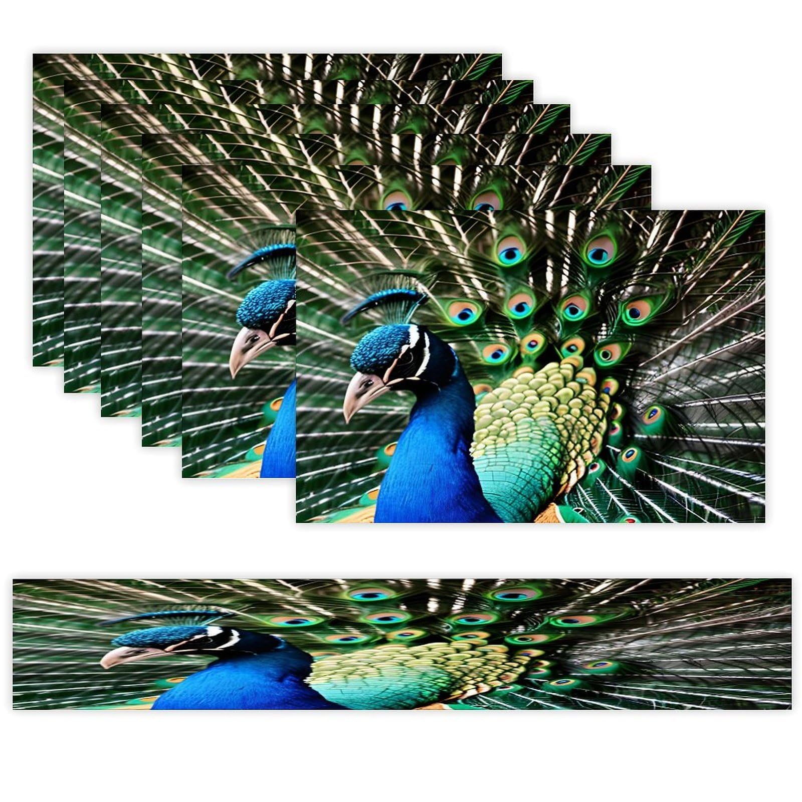 Peacock Table Runner and Placemats Set of 6 for Kitchen Washable Table Mats Heat Resistant Place Mats Non-Slip Place Mat Wipeable Placemat(6 Placemats+1 Table Runner)