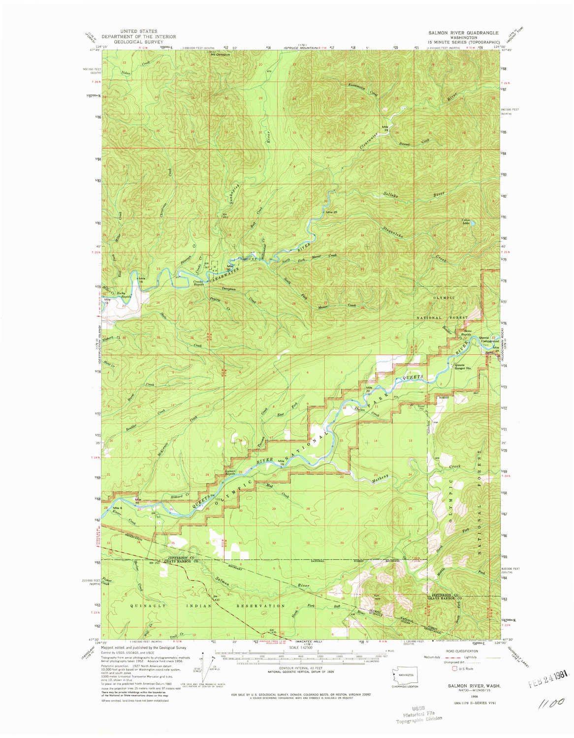 YellowMaps Salmon River WA topo map, 1:62500 Scale, 15 X 15 Minute, Historical, 1956, Updated 1980, 21.9 x 17 in