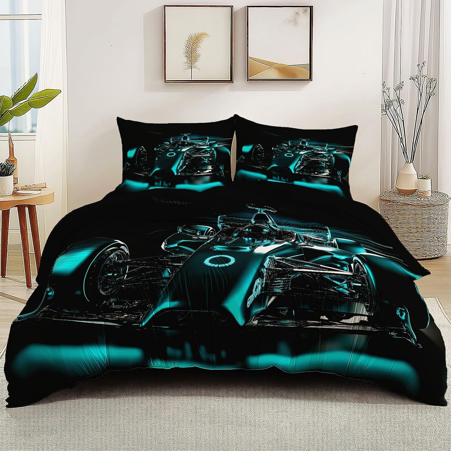 Duvet Cover 2 Pcs Set Modern Style Racing Photography Pattern Duvet Covers for Kids Boys Girls Twin Decorative Breathable Bed Cover Black Reversible Bedding Set